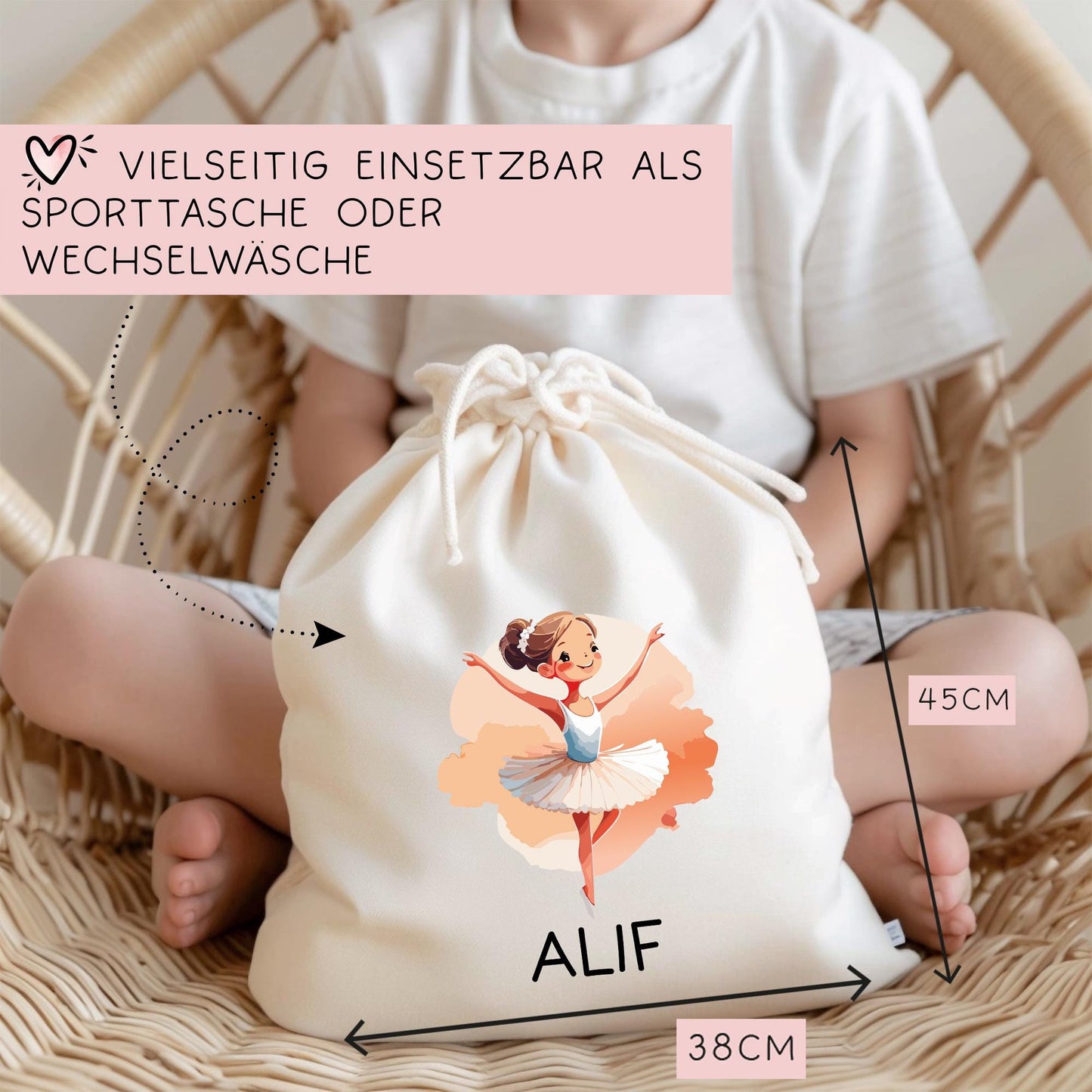 Turnbeutel Stofftasche Ballerina mit Namen personalisiert - Rucksack als Sportbeutel für Schule, Kindergarten - Sportbeutel - Sporttasche  kleinebuchstaben