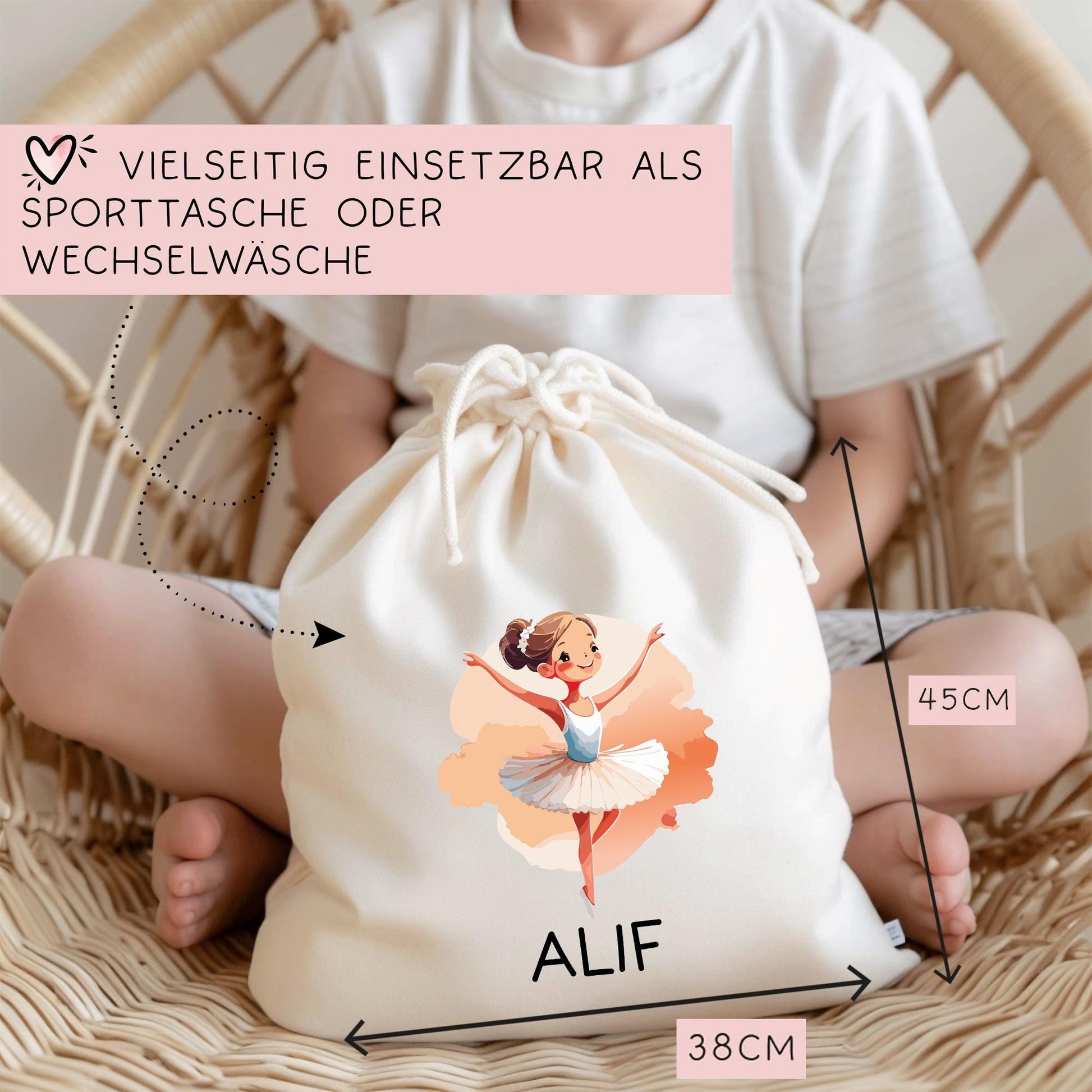 Turnbeutel Stofftasche Ballerina mit Namen personalisiert - Rucksack als Sportbeutel für Schule, Kindergarten - Sportbeutel - Sporttasche  kleinebuchstaben
