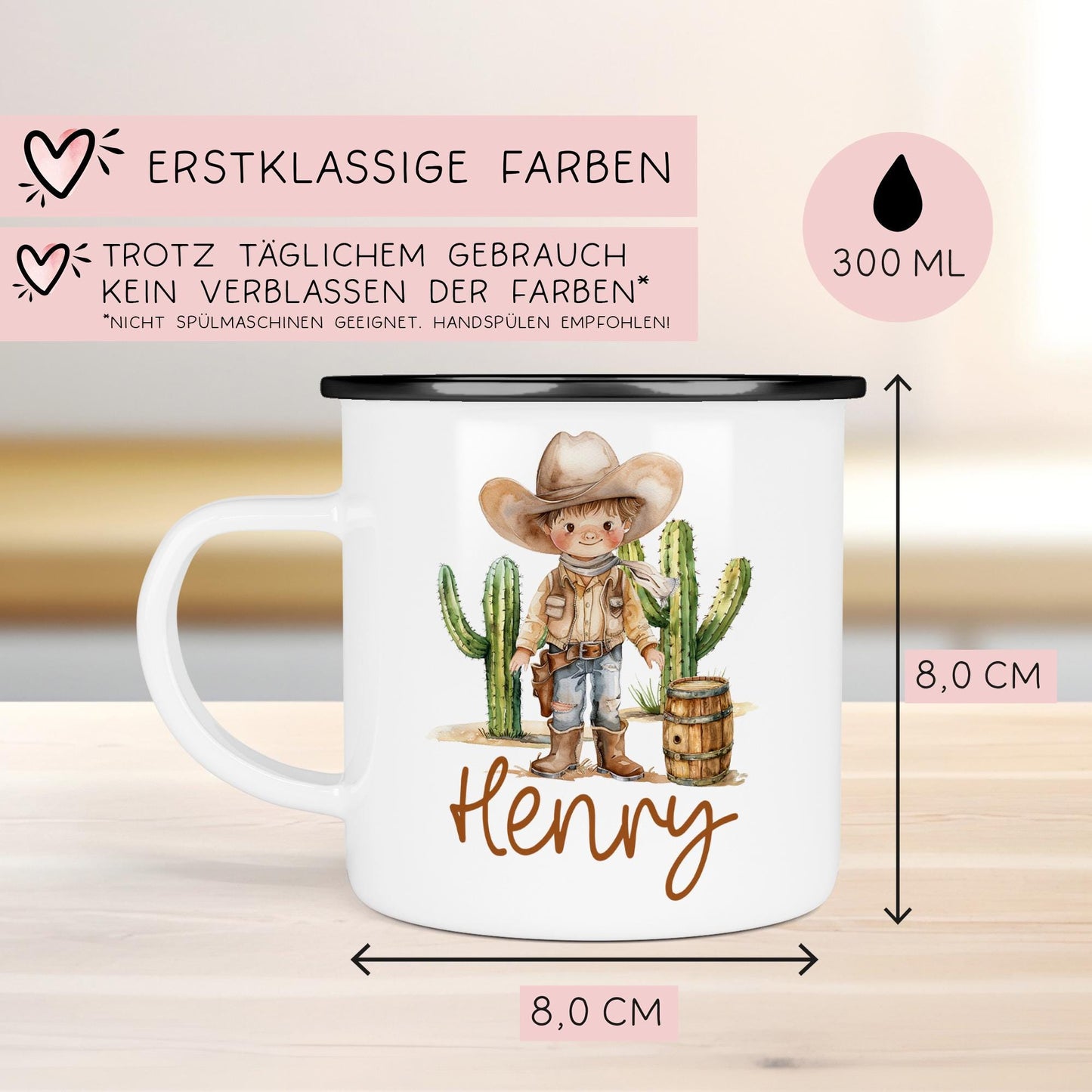 Emaille Tasse Becher Cowboy Personalisiert mit Wunschnamen - Wilder Westen für Kinder - Tasse personalisiert - Weihnachten - Geburtstag kleinebuchstaben
