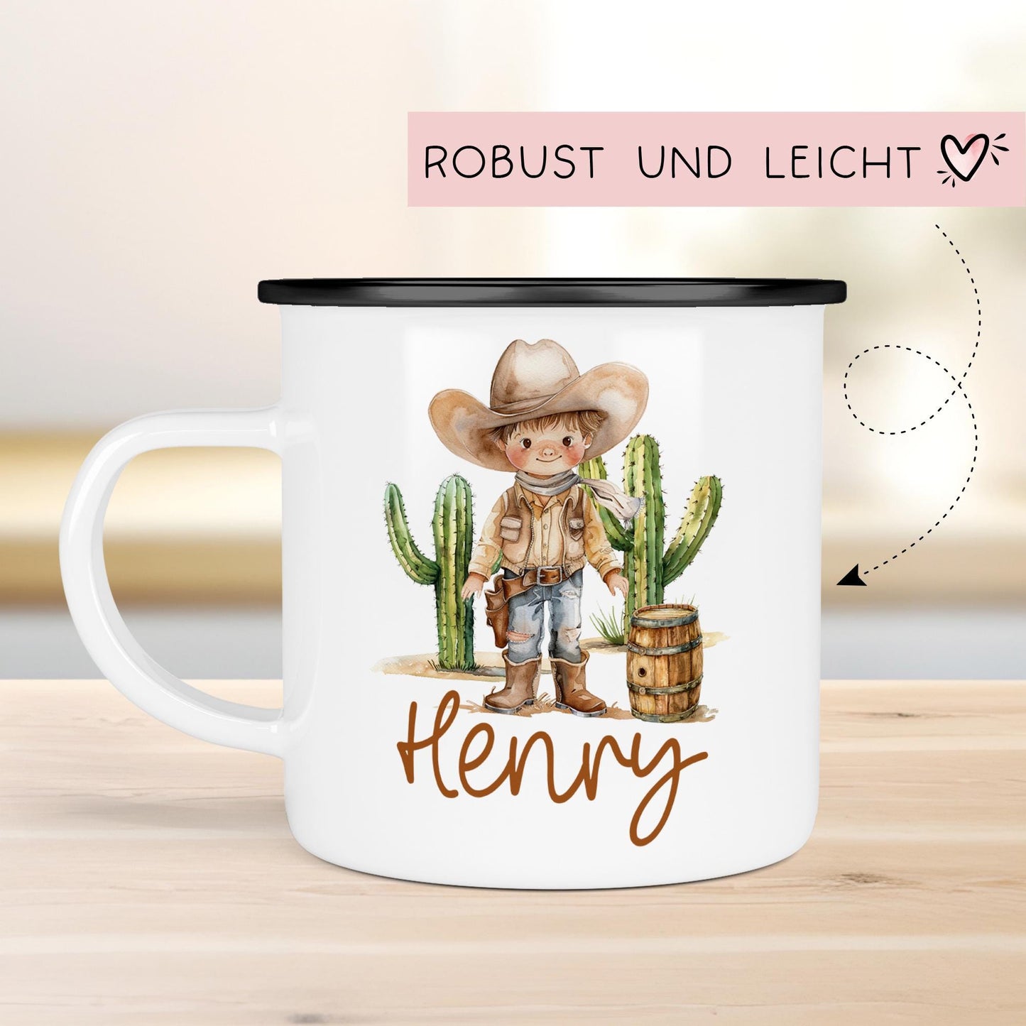Emaille Tasse Becher Cowboy Personalisiert mit Wunschnamen - Wilder Westen für Kinder - Tasse personalisiert - Weihnachten - Geburtstag kleinebuchstaben