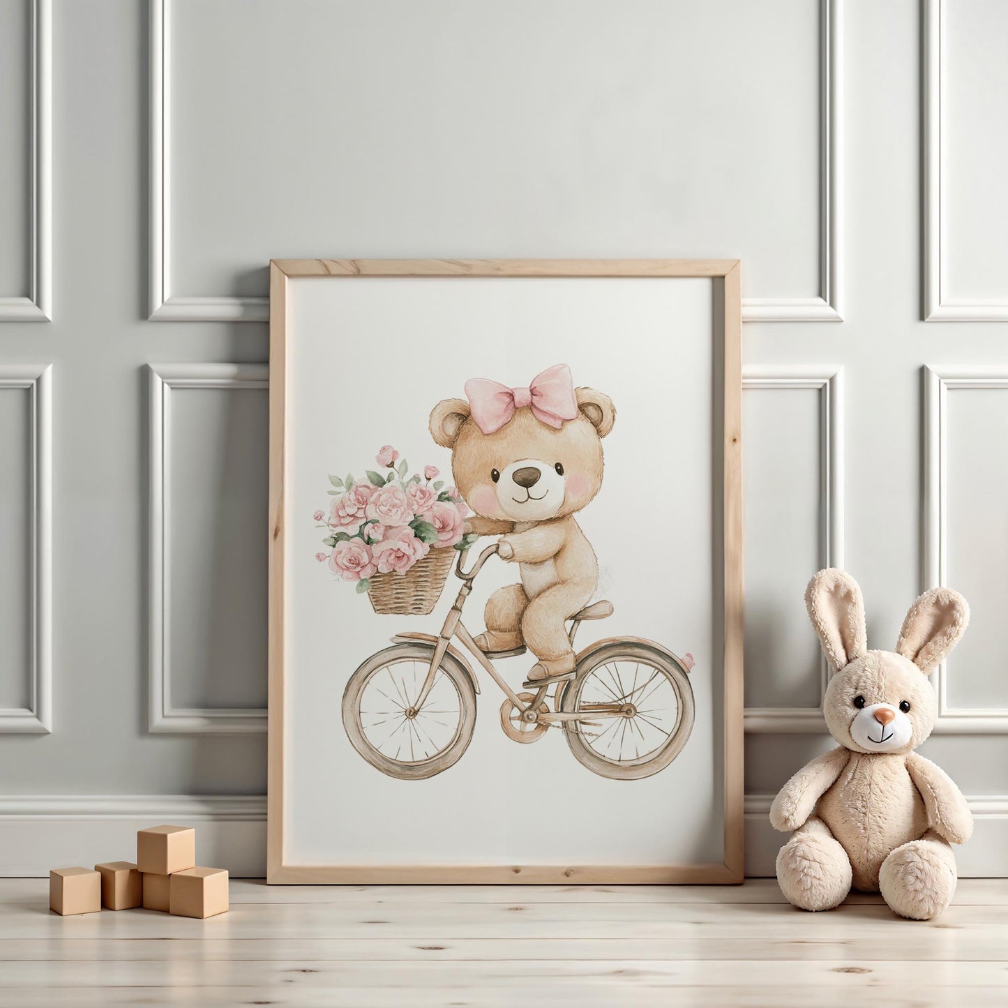 Poster Bär auf Fahrrad Rosa mit Blumen mit Namen - Personalisiert ohne Namen für Kinderzimmer -Namensposter - Geschenkidee - Wanddeko kleinebuchstaben
