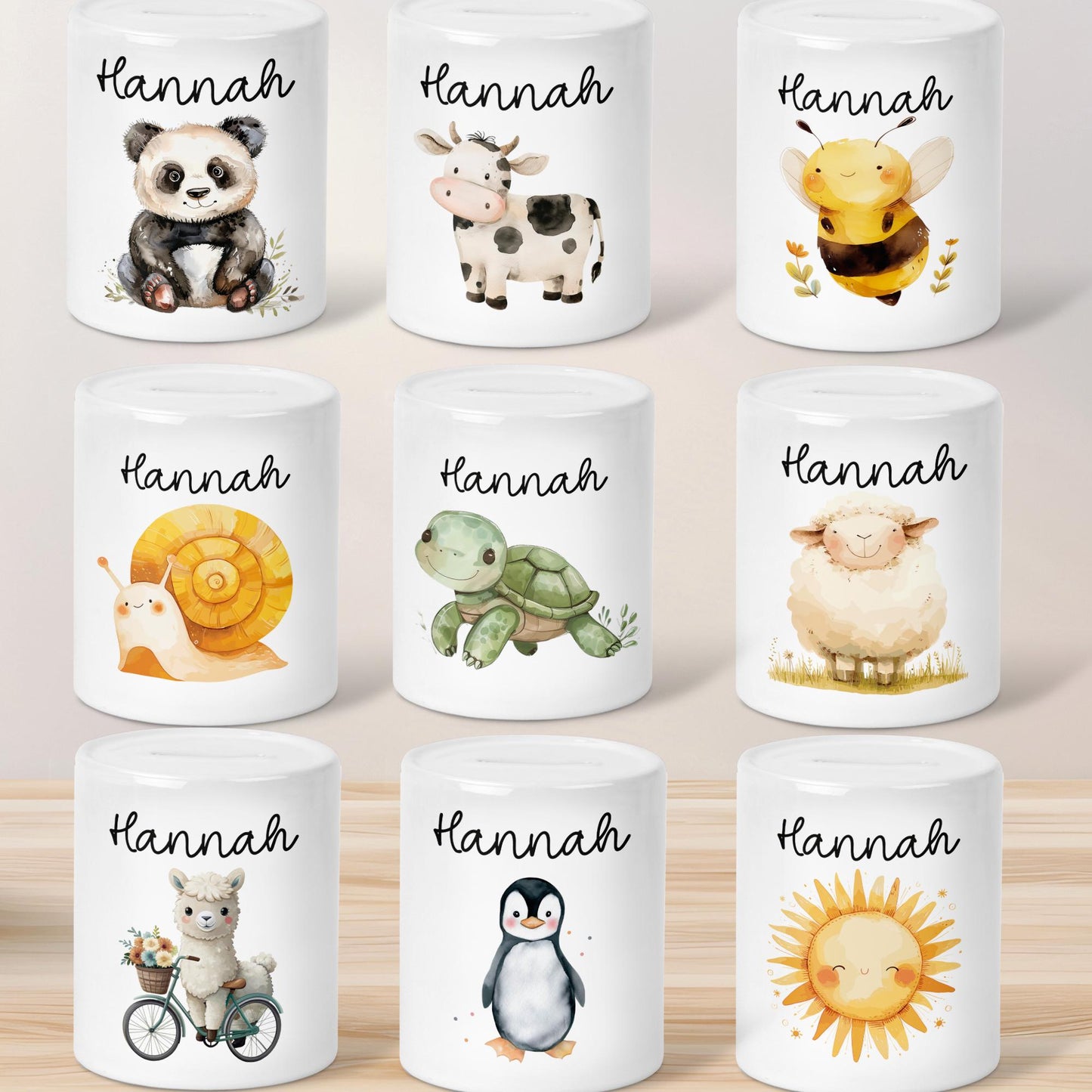 Personalisierte Kinder Spardose mit Namen aus Keramik - Schildkröte - Pinguin - Biene - Alpaka -Marienkäfer - Panda - Schnecke - Sonne kleinebuchstaben