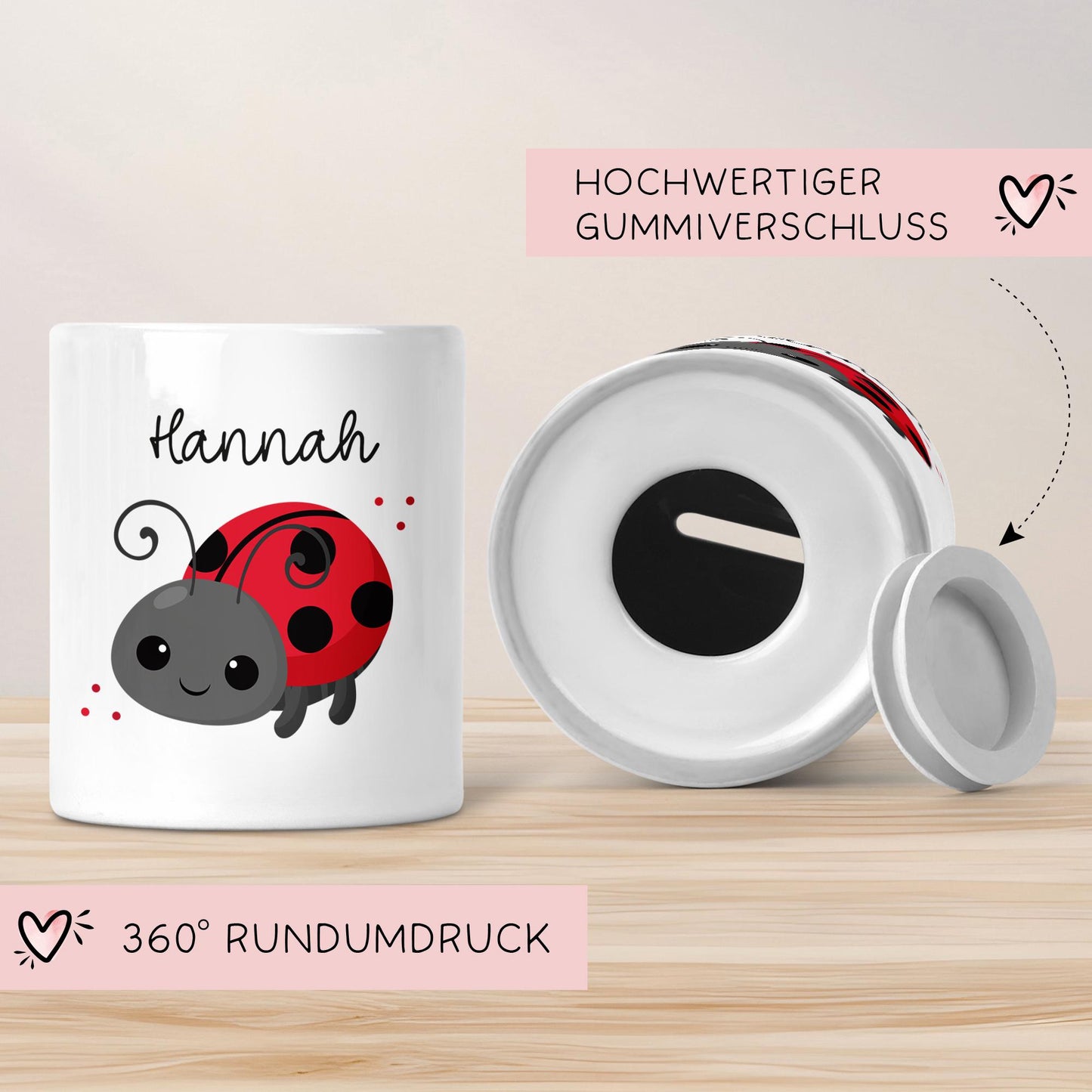 Personalisierte Kinder Spardose mit Namen aus Keramik - Schildkröte - Pinguin - Biene - Alpaka -Marienkäfer - Panda - Schnecke - Sonne kleinebuchstaben Marienkäfer