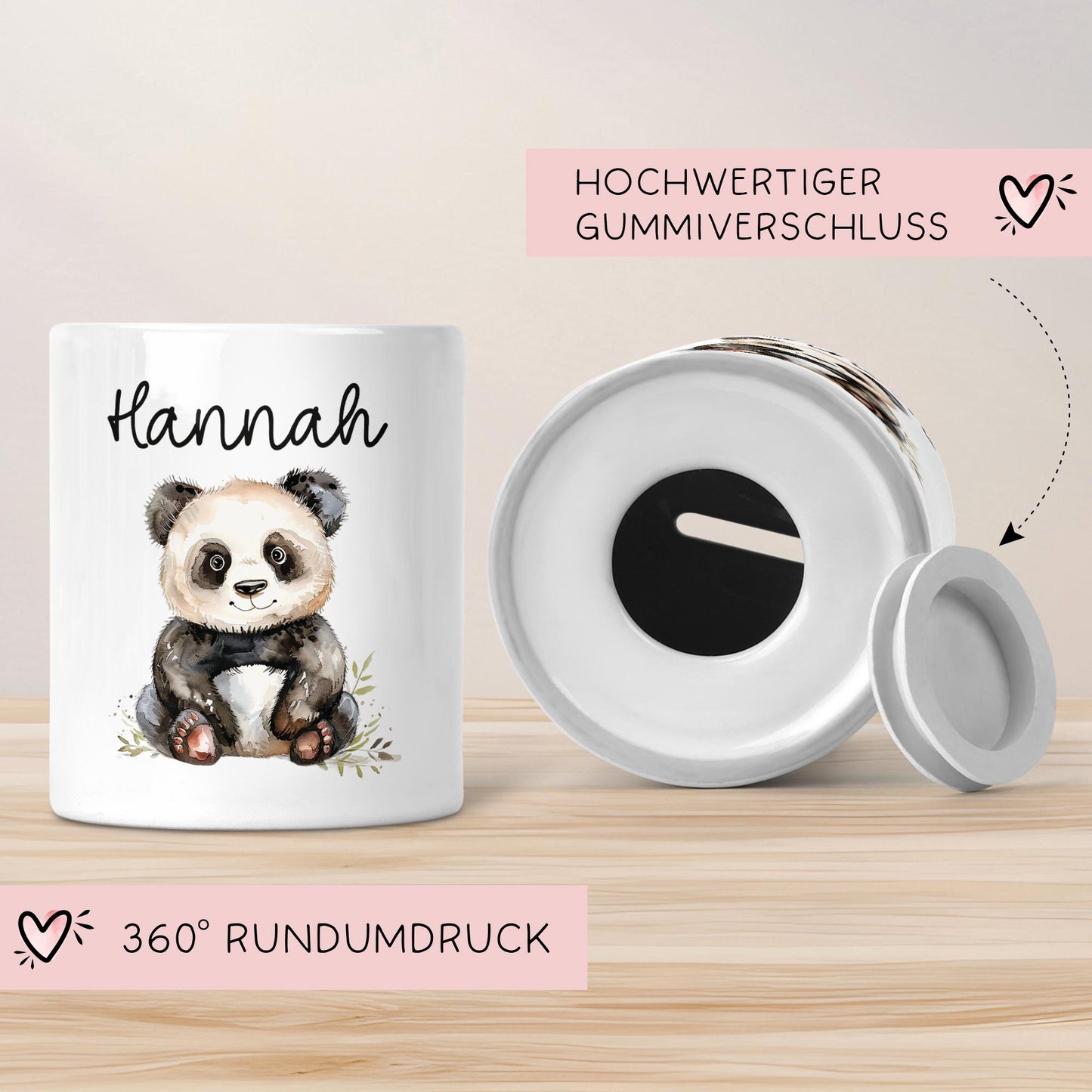 Personalisierte Kinder Spardose mit Namen aus Keramik - Schildkröte - Pinguin - Biene - Alpaka -Marienkäfer - Panda - Schnecke - Sonne kleinebuchstaben Panda