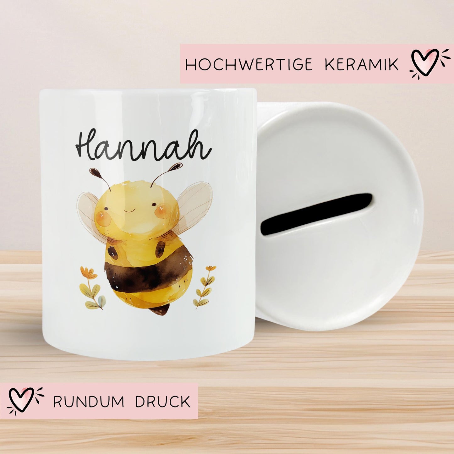 Spardose Biene Personalisiert aus Keramik mit Namen - Hummel - Geschenk für Junge & Mädchen zum Geburtstag Weihnachten Nikolaus Sparschwein kleinebuchstaben