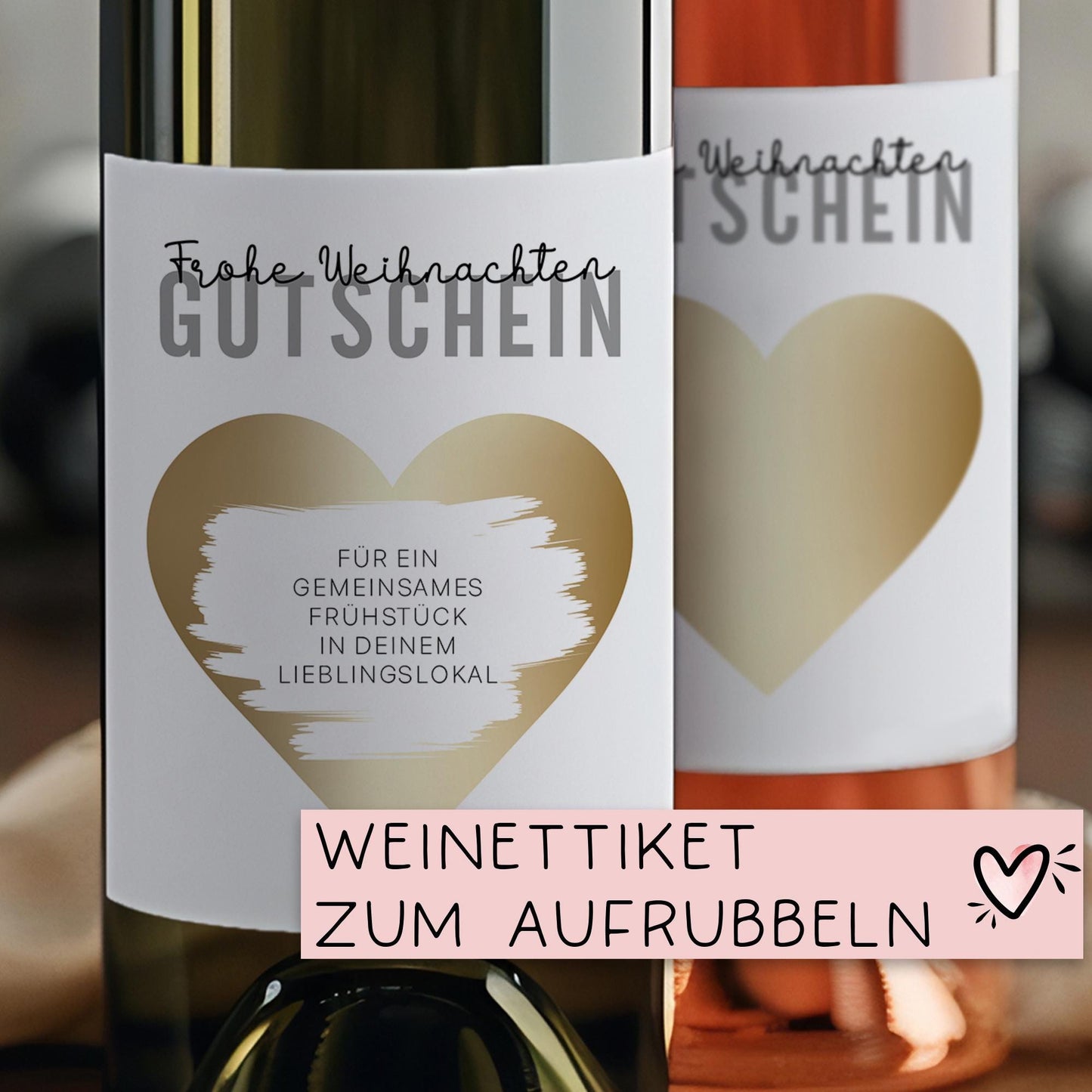 Weinetikett Frohe Weihnachten Gutschein mit Wunschtext zum Rubbeln. Geschenkidee zum Nikolaus in Gold oder Silber - Personalisiert Wein kleinebuchstaben Gold von Herzen