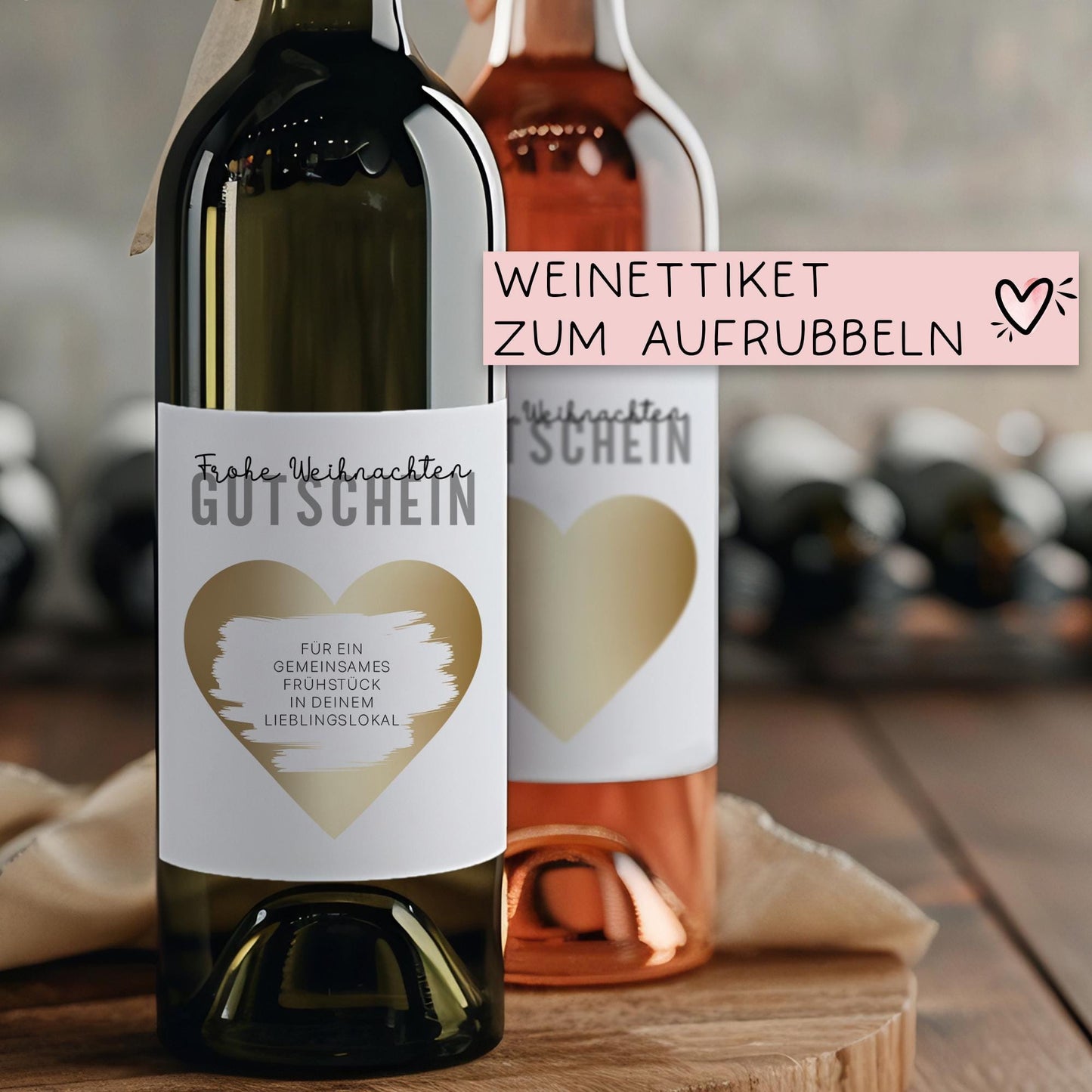 Weinetikett Frohe Weihnachten Gutschein mit Wunschtext zum Rubbeln. Geschenkidee zum Nikolaus in Gold oder Silber - Personalisiert Wein kleinebuchstaben