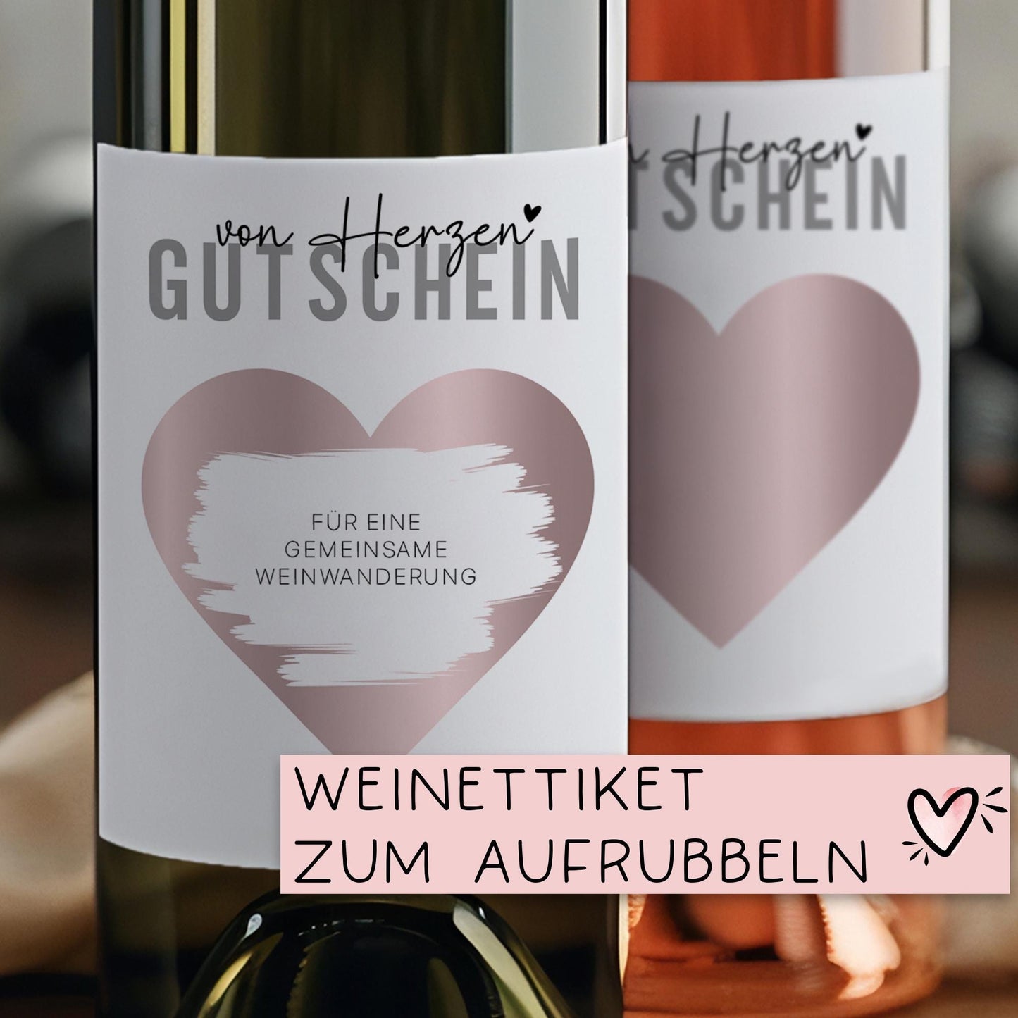 Weinetikett Frohe Weihnachten Gutschein mit Wunschtext zum Rubbeln. Geschenkidee zum Nikolaus in Gold oder Silber - Personalisiert Wein kleinebuchstaben Rosa von Herzen