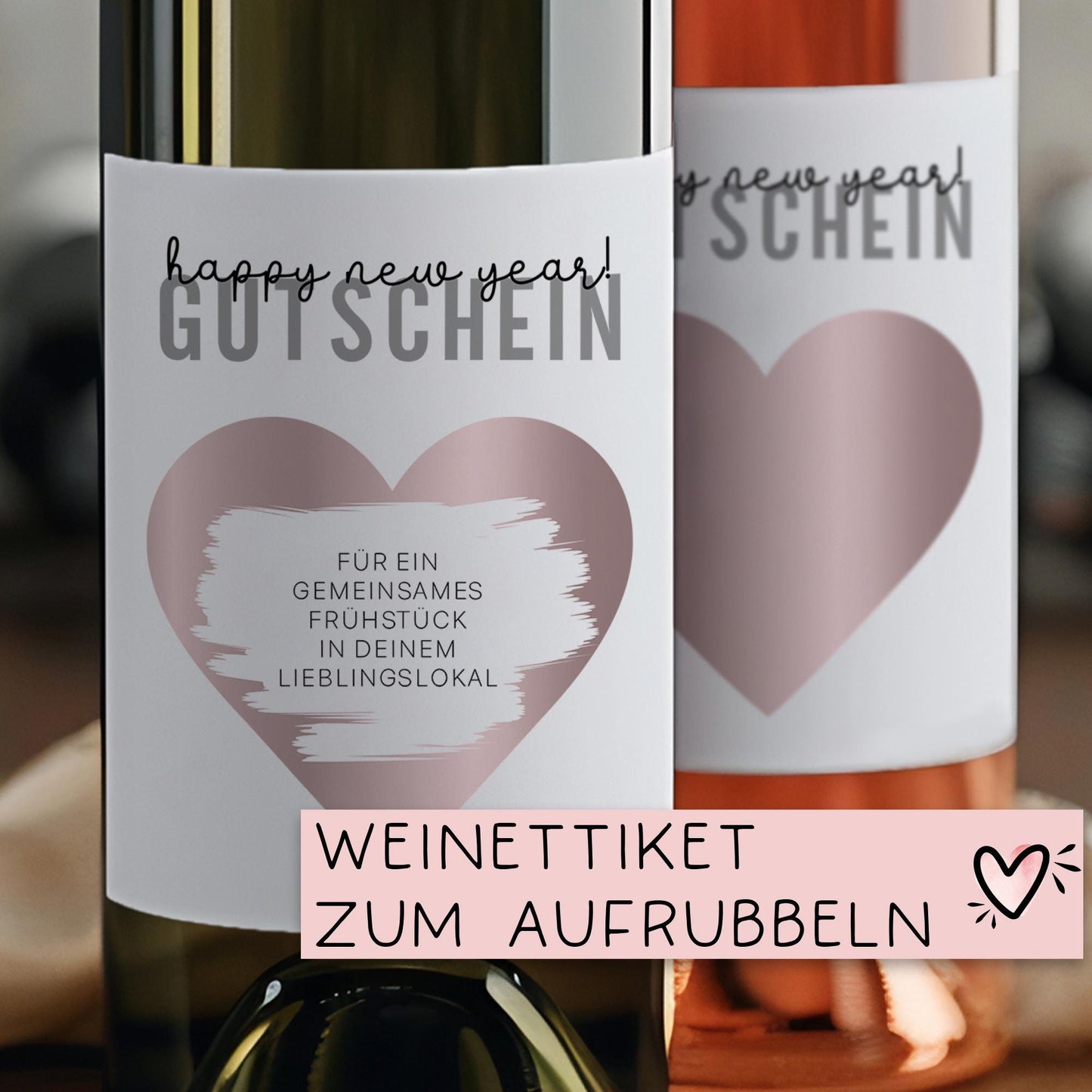 Wein Etikett Gutschein Happy New Year Weinflaschen Etikett | Personalisiert Silvester | Rubbellos Weinetikett Neujahr - 2025 Rosa Gold kleinebuchstaben Rosa von Herzen