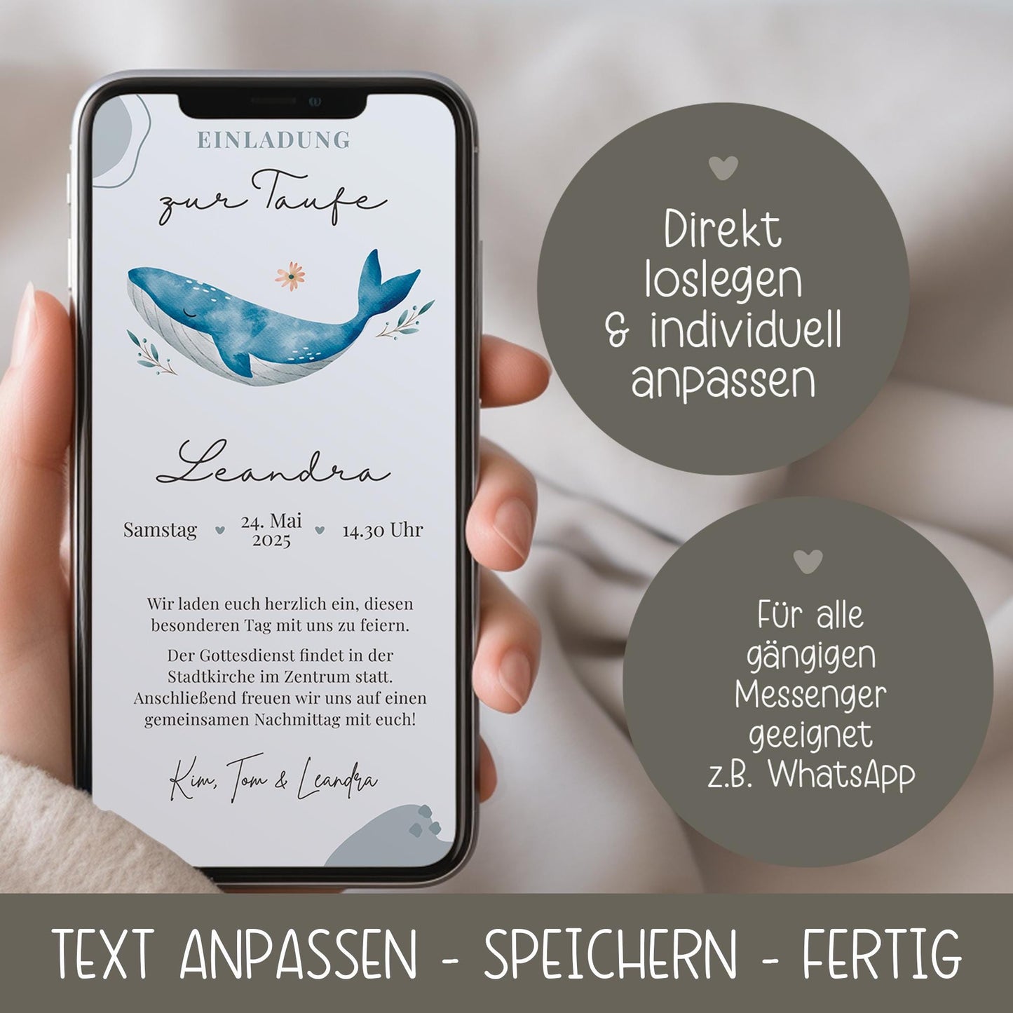 Digitale Einladungkarte zur Taufe Wal für z.B. WhatsApp - Telegram - digitale Einladung - Vorlage - ECard - Canva - Personalisiert - Linoda kleinebuchstaben
