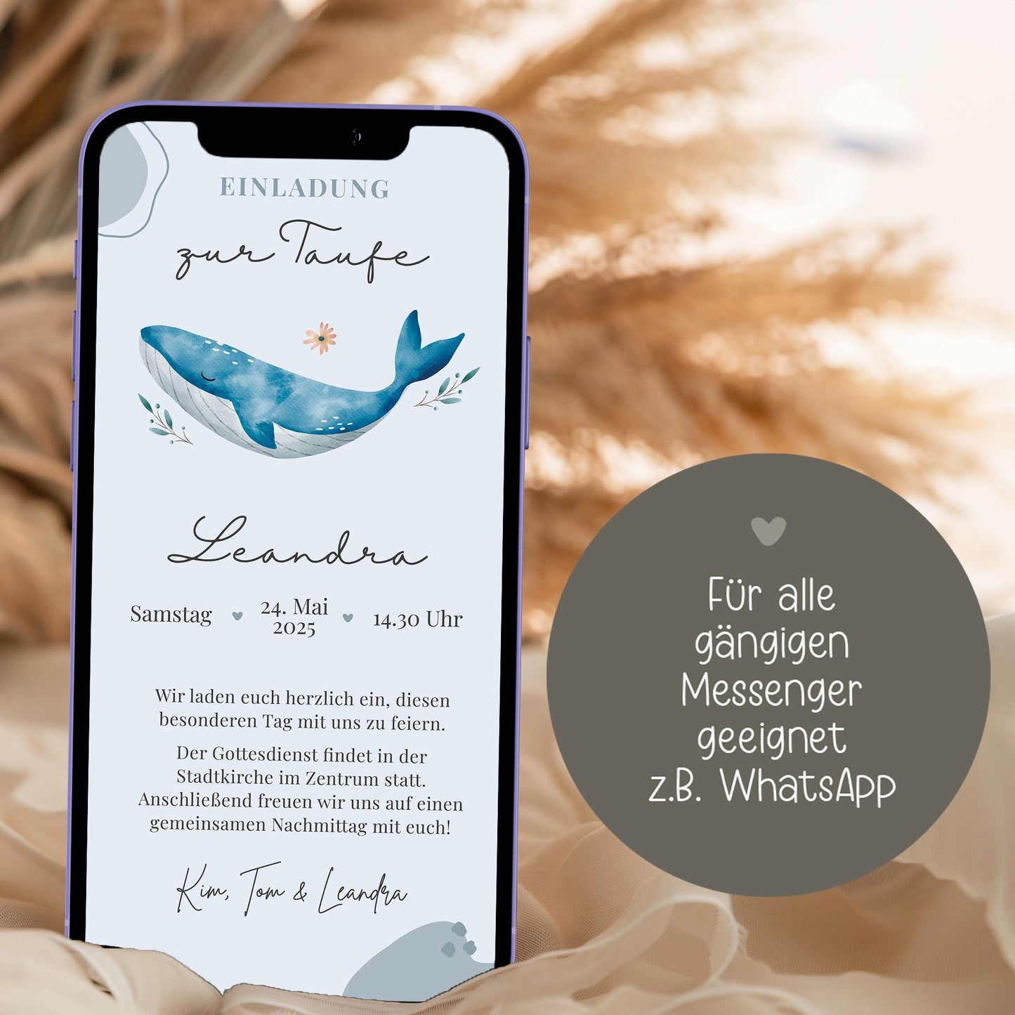 Digitale Einladungkarte zur Taufe Wal für z.B. WhatsApp - Telegram - digitale Einladung - Vorlage - ECard - Canva - Personalisiert - Linoda kleinebuchstaben