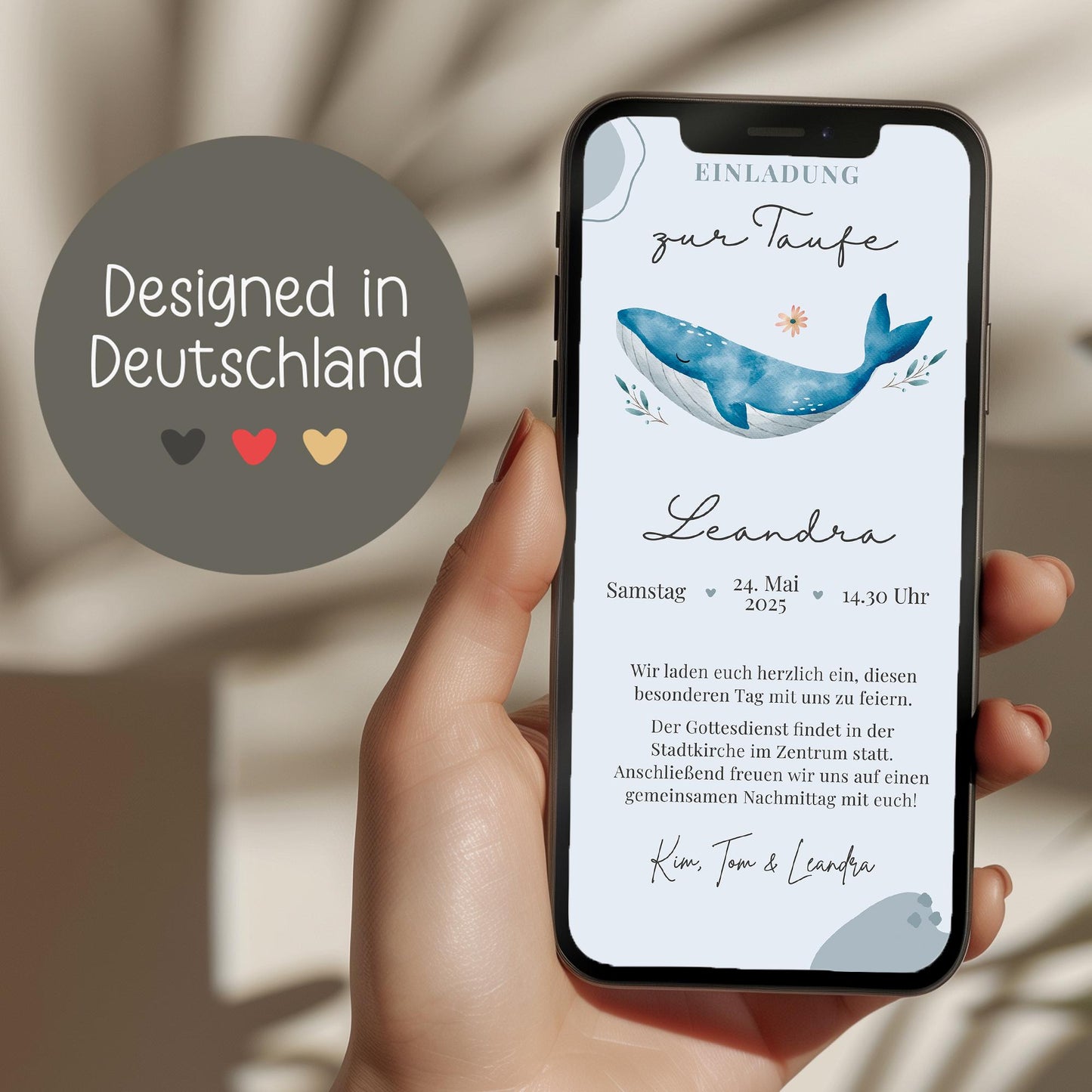 Digitale Einladungkarte zur Taufe Wal für z.B. WhatsApp - Telegram - digitale Einladung - Vorlage - ECard - Canva - Personalisiert - Linoda kleinebuchstaben