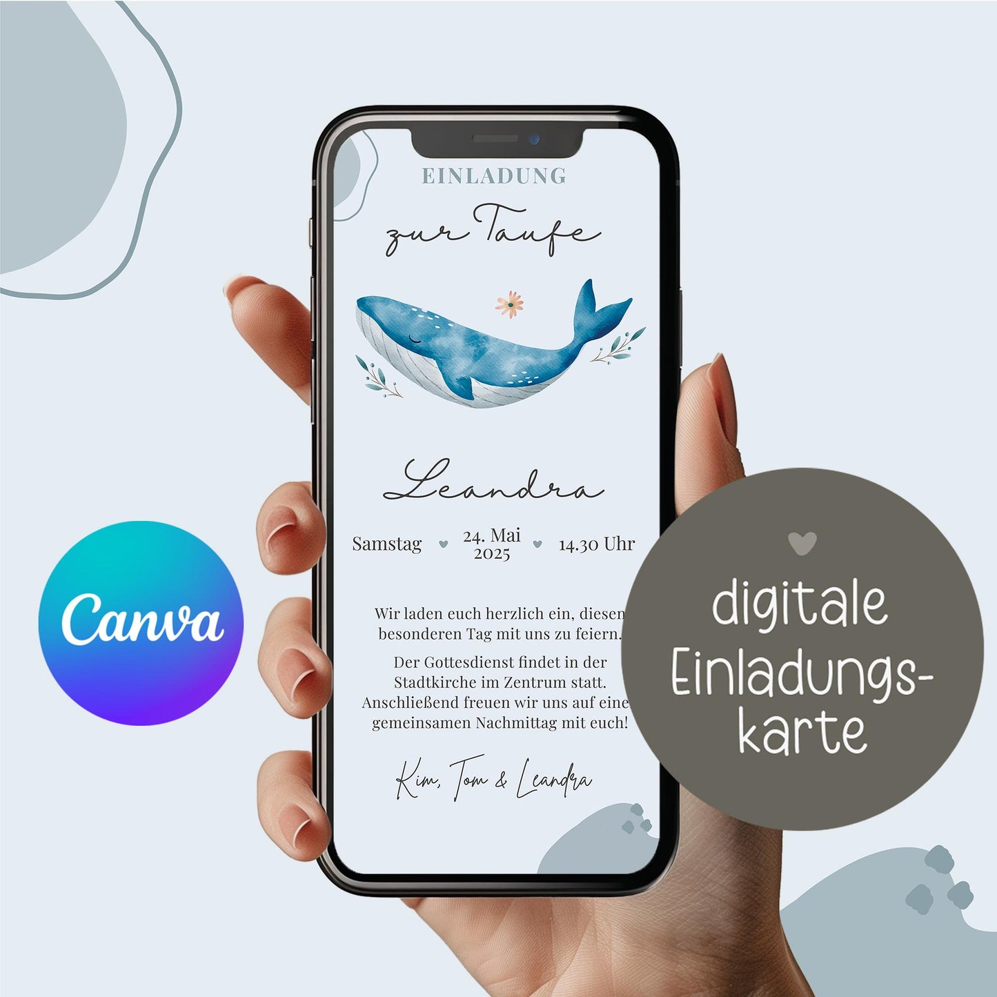 Digitale Einladungkarte zur Taufe Wal für z.B. WhatsApp - Telegram - digitale Einladung - Vorlage - ECard - Canva - Personalisiert - Linoda kleinebuchstaben