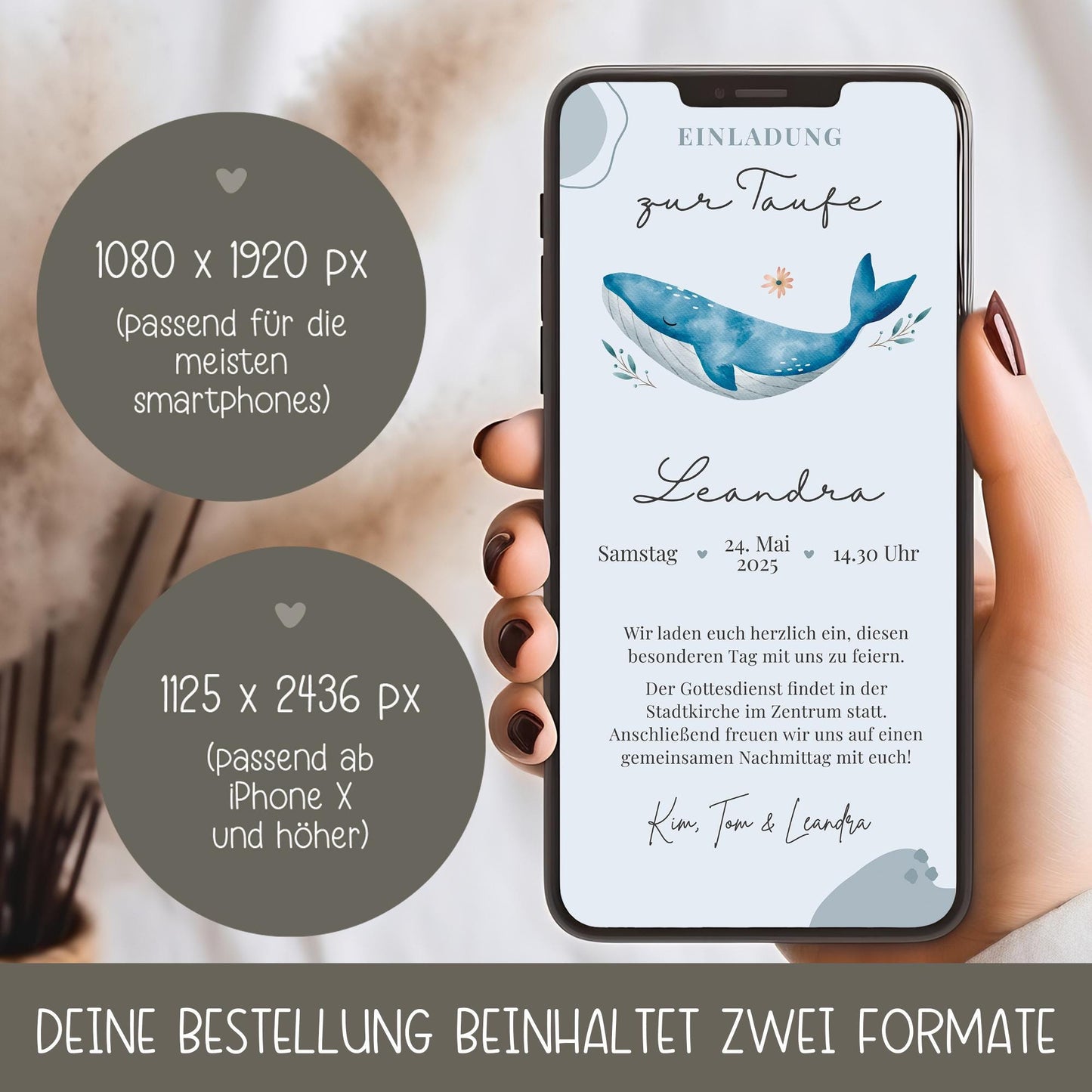 Digitale Einladungkarte zur Taufe Wal für z.B. WhatsApp - Telegram - digitale Einladung - Vorlage - ECard - Canva - Personalisiert - Linoda kleinebuchstaben