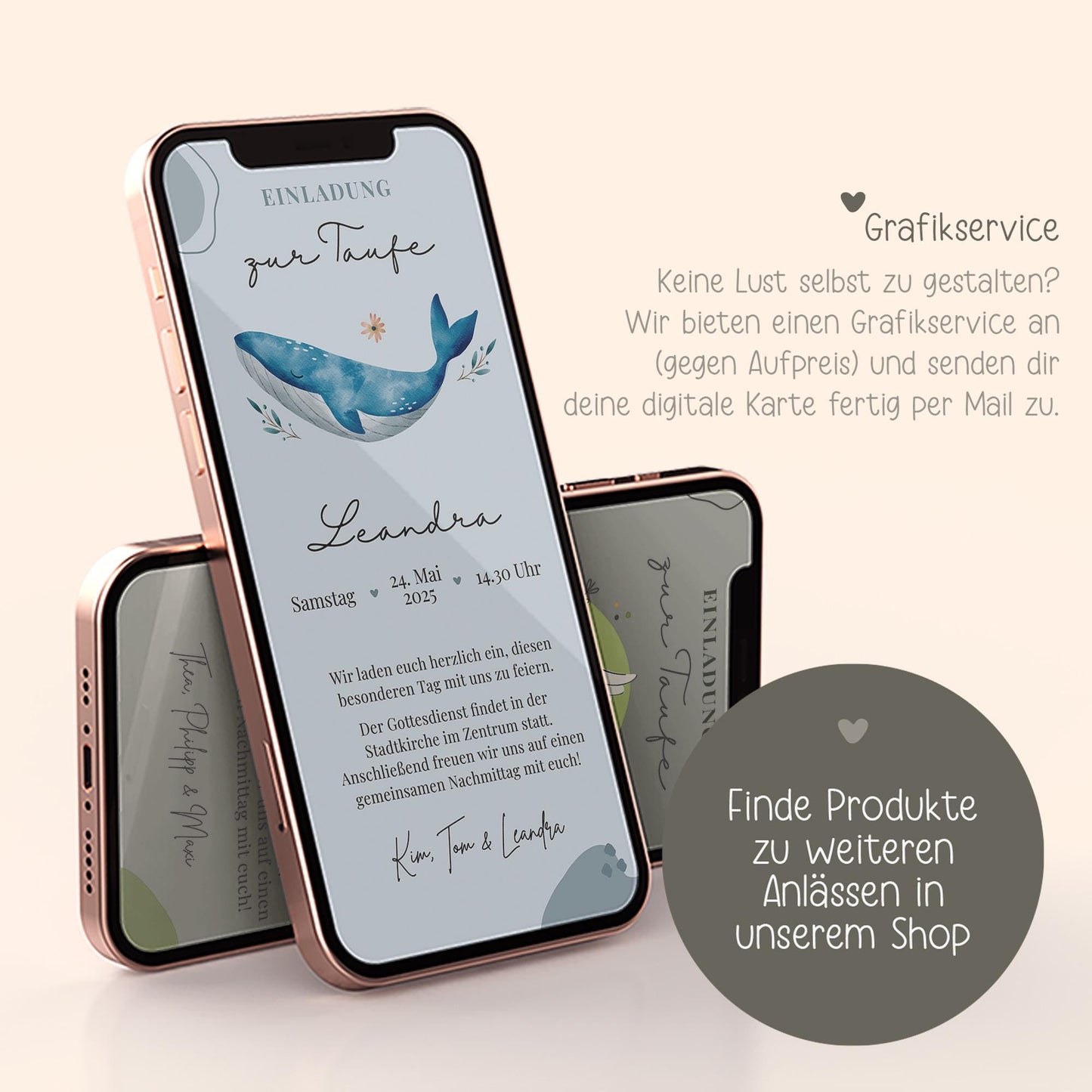 Digitale Einladungkarte zur Taufe Wal für z.B. WhatsApp - Telegram - digitale Einladung - Vorlage - ECard - Canva - Personalisiert - Linoda kleinebuchstaben