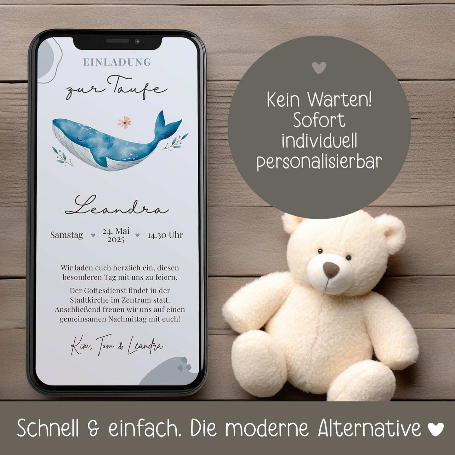 Digitale Einladungkarte zur Taufe Wal für z.B. WhatsApp - Telegram - digitale Einladung - Vorlage - ECard - Canva - Personalisiert - Linoda kleinebuchstaben