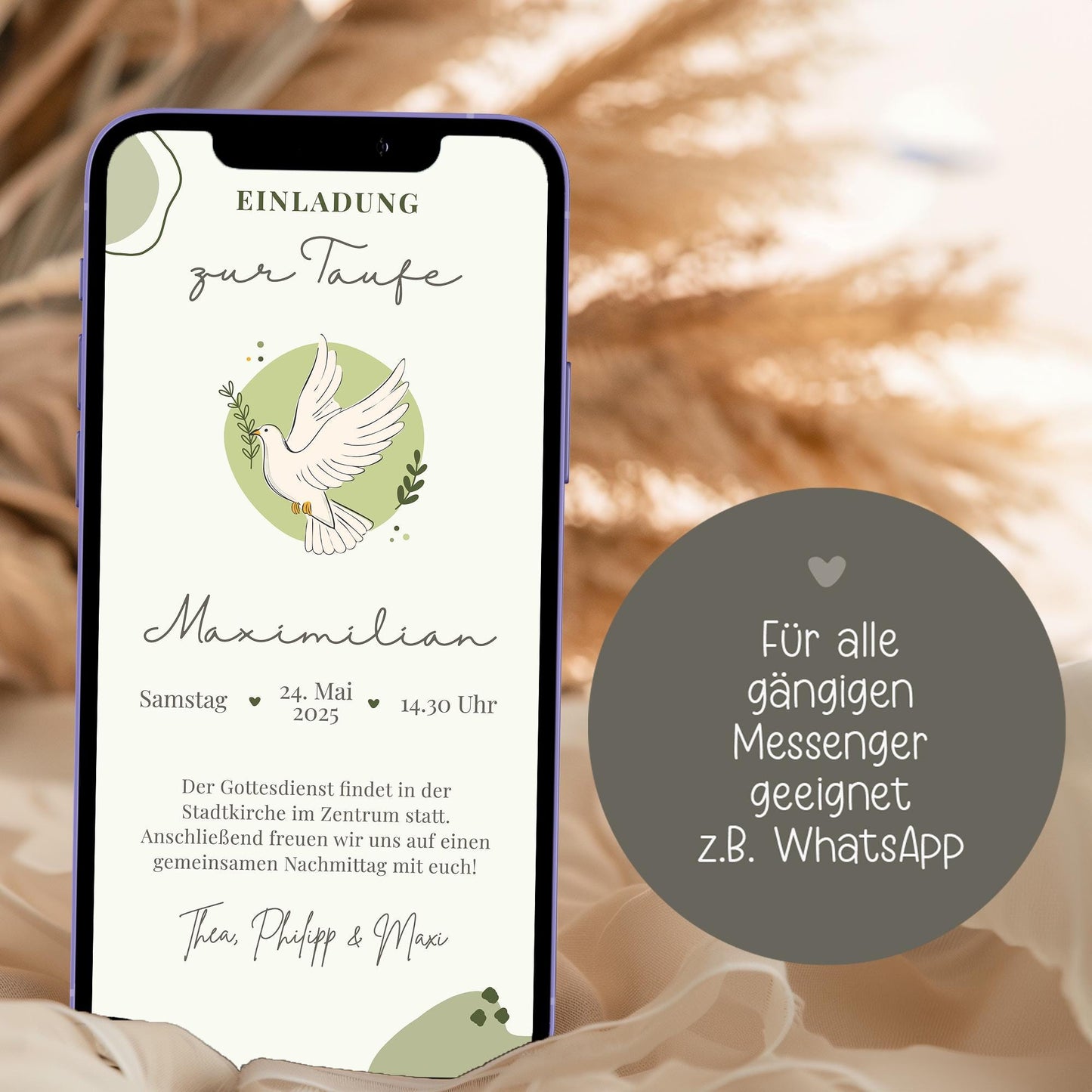 Digitale Einladung zur Taufe Taube Grün - WhatsApp - Telegram - digitale Einladungkarte - Vorlage - ECard - Kommunion - Erstkommunion, Einladungskarte kleinebuchstaben