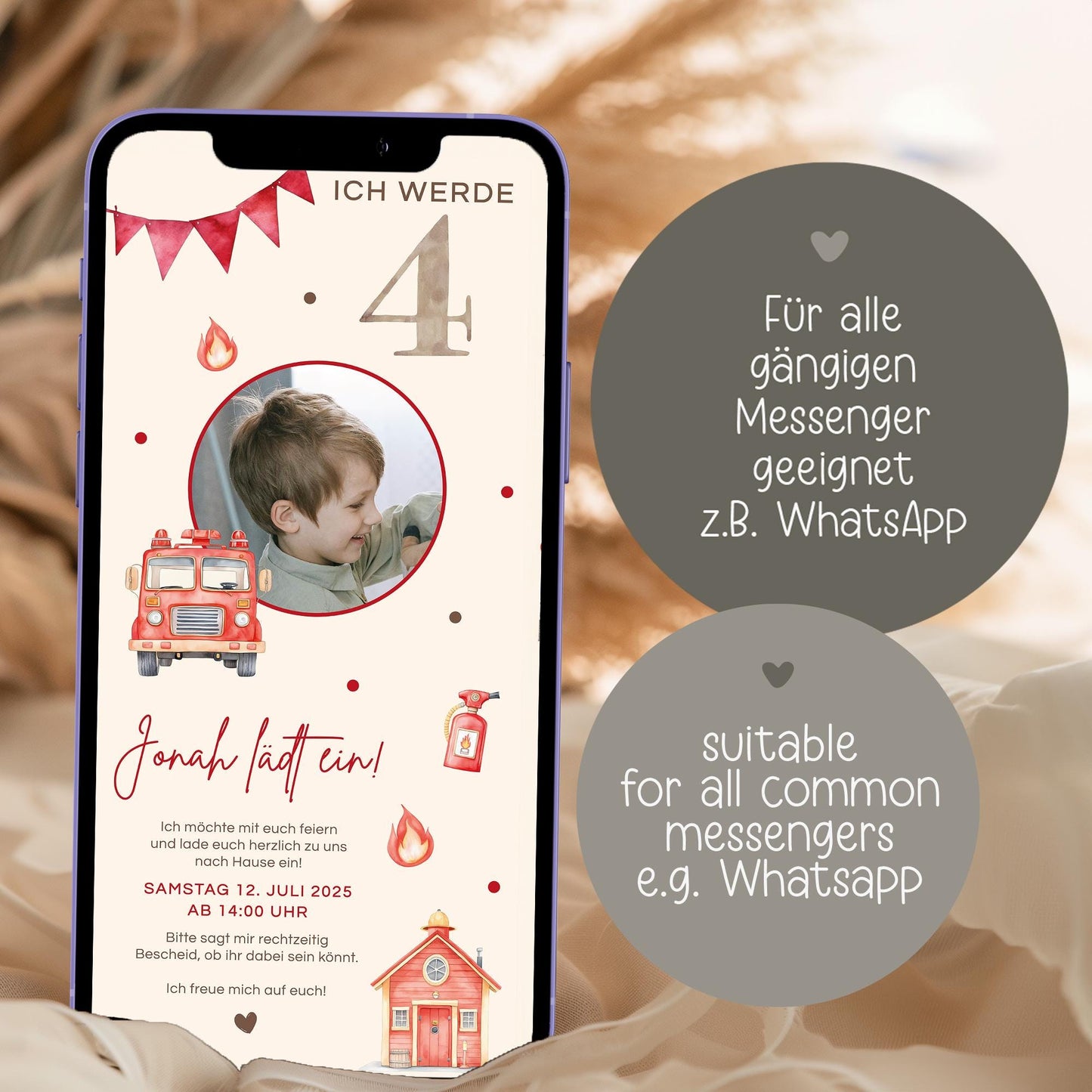 Digitale Einladung Kindergeburtstag Feuerwehr 1 2 3 4 5 6, personalisiert E-Card WhatsApp, Einladung mit Foto, Geburtstagseinladung Vorlage kleinebuchstaben