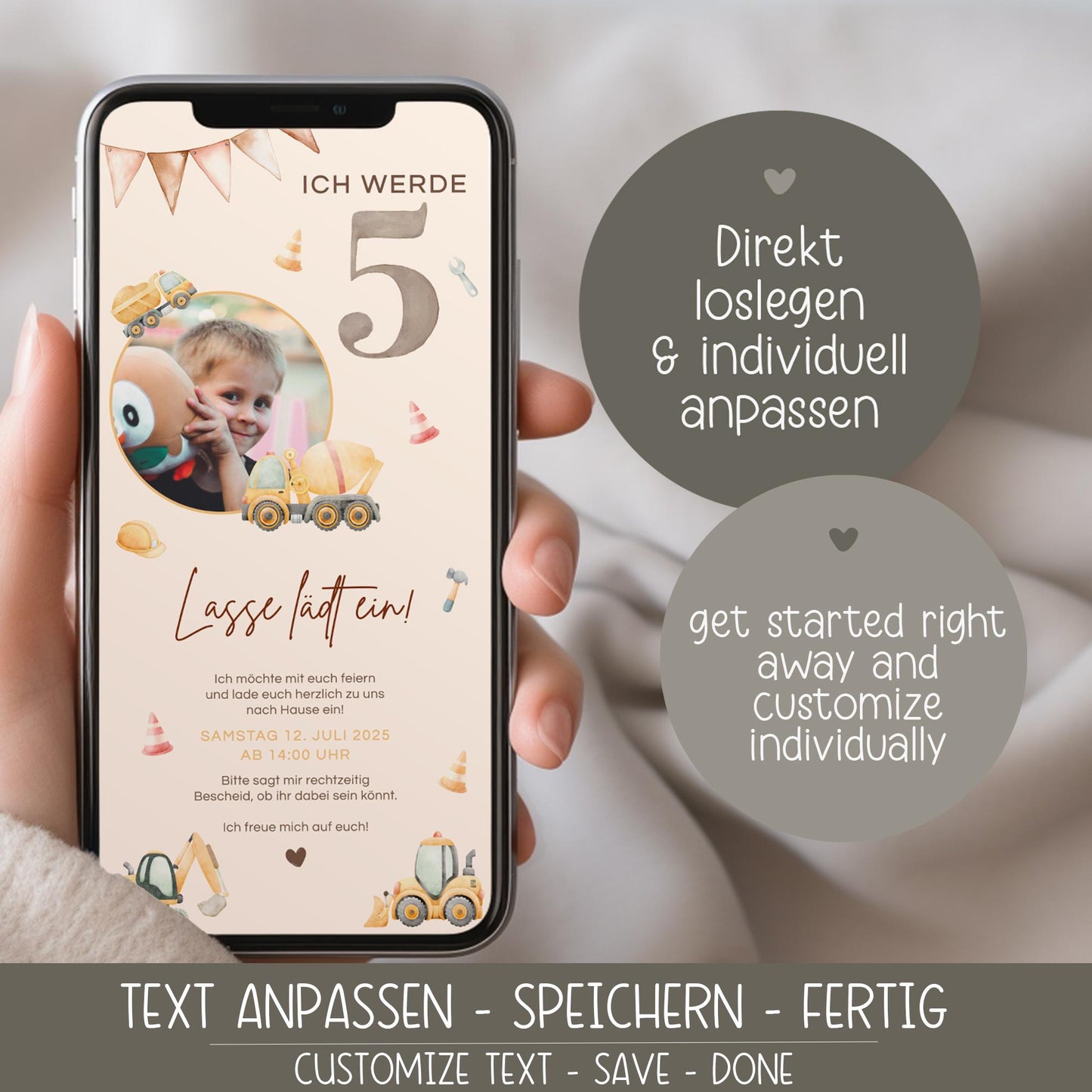 Digitale Einladung Kindergeburtstag 1 2 3 4, personalisierbare E-Card WhatsApp, Einladung Foto Mädchen, Junge, Geburtstagseinladung Vorlage kleinebuchstaben
