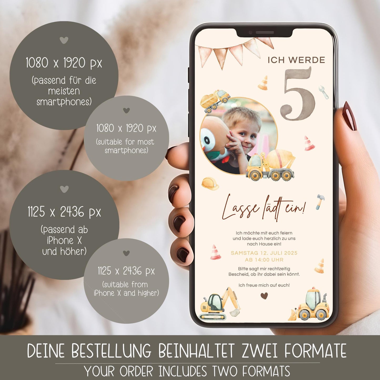 Digitale Einladung Kindergeburtstag 1 2 3 4, personalisierbare E-Card WhatsApp, Einladung Foto Mädchen, Junge, Geburtstagseinladung Vorlage kleinebuchstaben