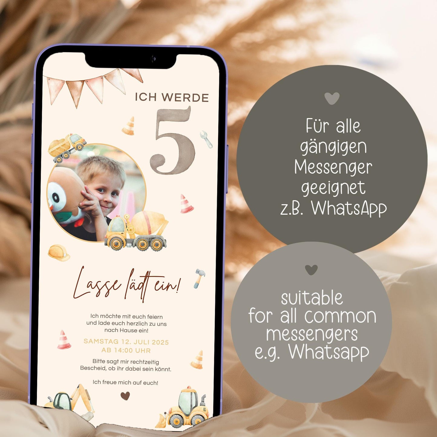 Digitale Einladung Kindergeburtstag 1 2 3 4, personalisierbare E-Card WhatsApp, Einladung Foto Mädchen, Junge, Geburtstagseinladung Vorlage kleinebuchstaben