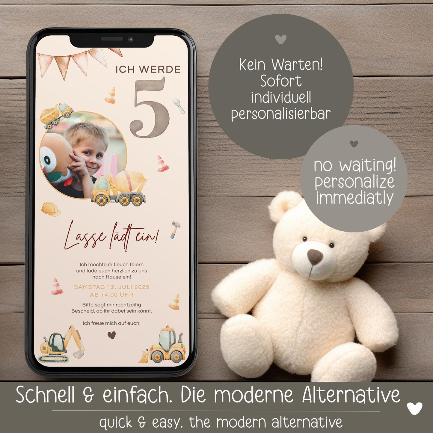 Digitale Einladung Kindergeburtstag 1 2 3 4, personalisierbare E-Card WhatsApp, Einladung Foto Mädchen, Junge, Geburtstagseinladung Vorlage kleinebuchstaben