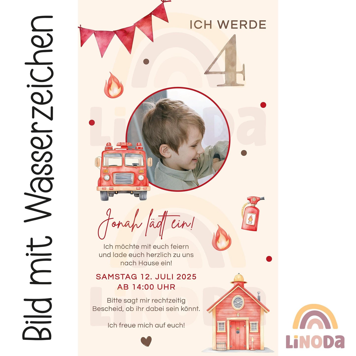 Digitale Einladung Kindergeburtstag Feuerwehr 1 2 3 4 5 6, personalisiert E-Card WhatsApp, Einladung mit Foto, Geburtstagseinladung Vorlage kleinebuchstaben