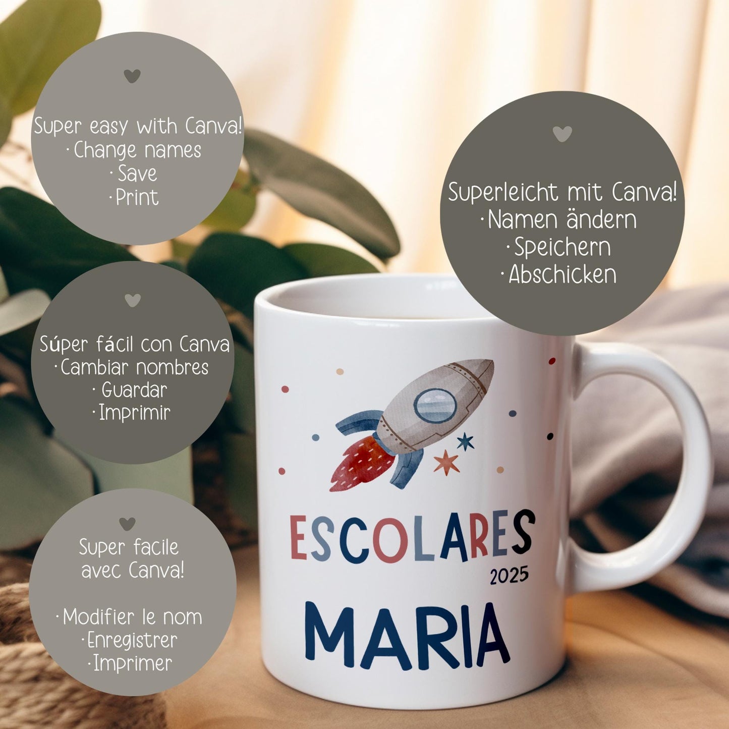 Personalisierte Tassenvorlage Schulkind 2025 Rakete - Junge & Mädchen - Einschulung - Sublimation - PNG - Geschenk - Tasse - Name - Canva kleinebuchstaben