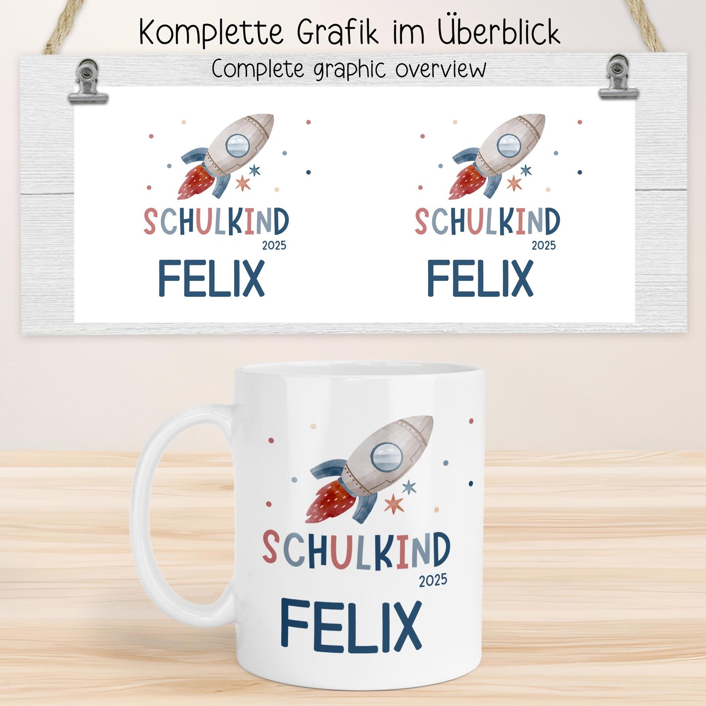 Personalisierte Tassenvorlage Schulkind 2025 Rakete - Junge & Mädchen - Einschulung - Sublimation - PNG - Geschenk - Tasse - Name - Canva kleinebuchstaben