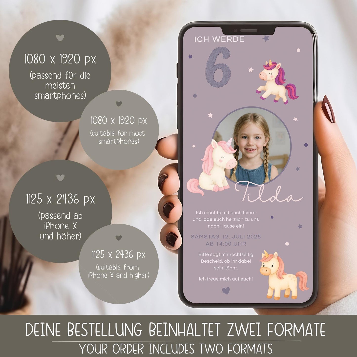 Digitale Einladung Kindergeburtstag Einhorn personalisierbare E-Card WhatsApp Mädchen Foto Canva Vorlage 1 2 3 4 5 6 7 Jahre kleinebuchstaben