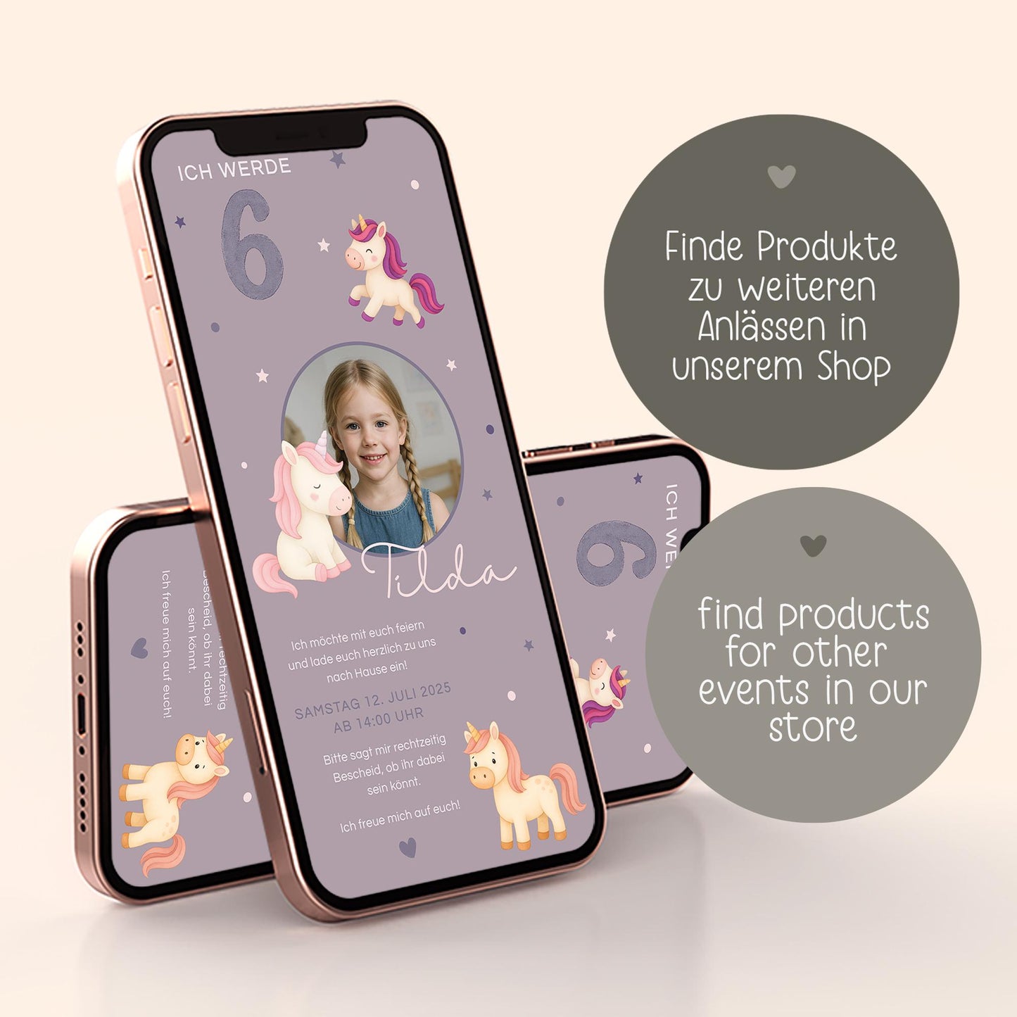 Digitale Einladung Kindergeburtstag Einhorn personalisierbare E-Card WhatsApp Mädchen Foto Canva Vorlage 1 2 3 4 5 6 7 Jahre kleinebuchstaben