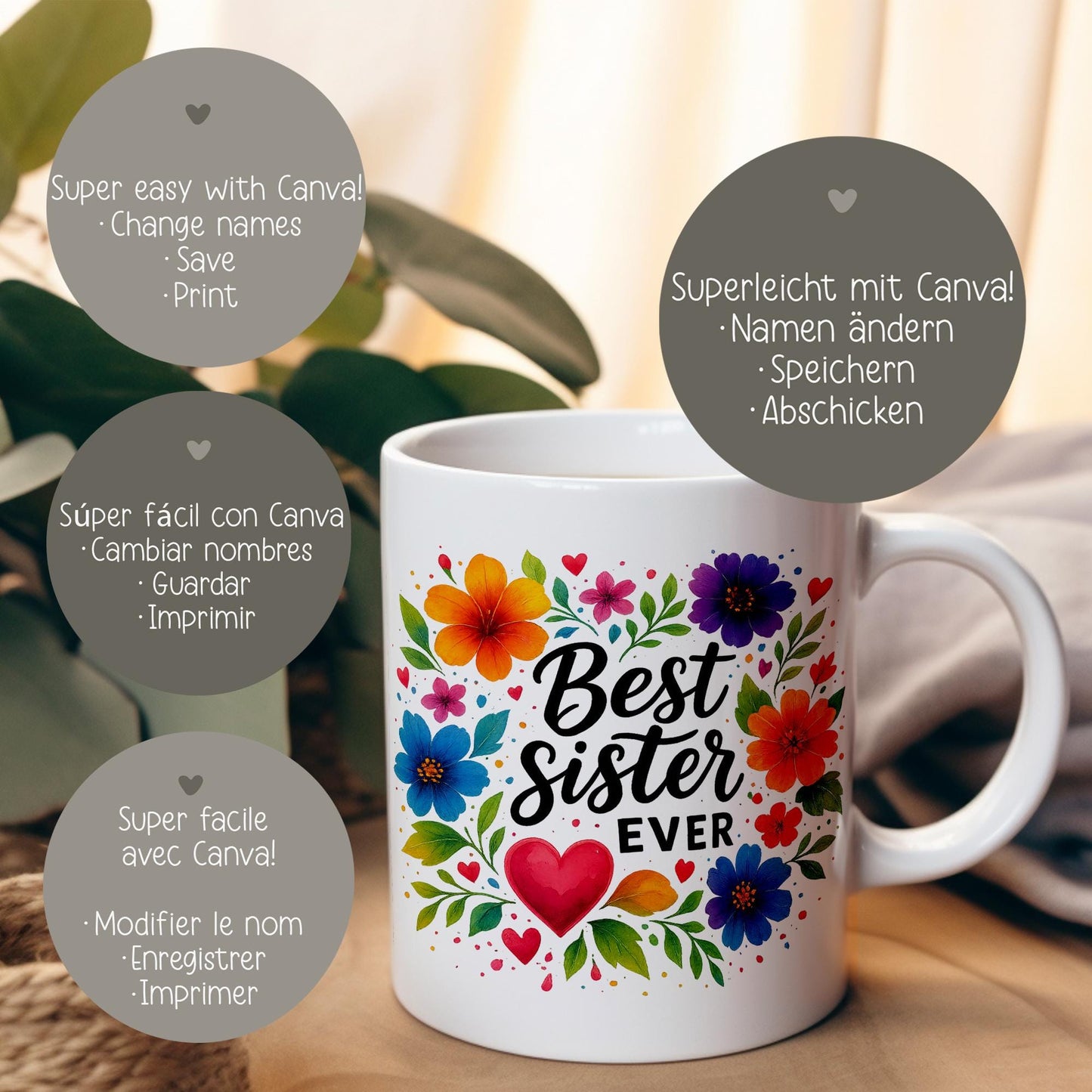 Tassenvorlage 10 oz - 11 oz - 12 oz - 15 oz - Best Sister Ever - Tassenvorlage - Sublimation - PNG - Geschenk - Tasse - Name - Canva kleinebuchstaben