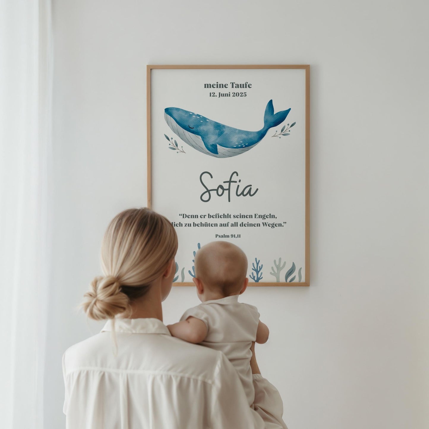 Individuell anpassbares Taufposter Wal – online bearbeiten & sofort downloaden. Perfektes Geschenk zur Taufe - DIN A6 A5 A3 A2 US Letter kleinebuchstaben