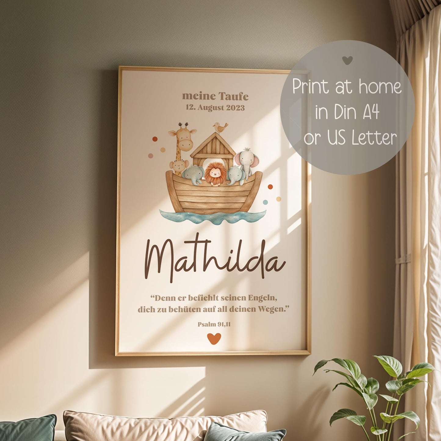 Personalisierbares Taufposter Arche Noah – Sofort-Download | Digitales Kinderzimmerbild | Format: DIN A6, A5, A3, A2, US Letter | Canva kleinebuchstaben