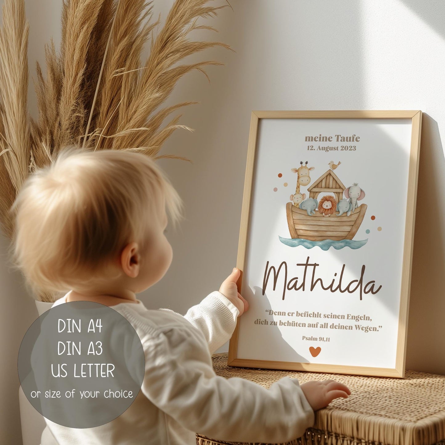 Personalisierbares Taufposter Arche Noah – Sofort-Download | Digitales Kinderzimmerbild | Format: DIN A6, A5, A3, A2, US Letter | Canva kleinebuchstaben