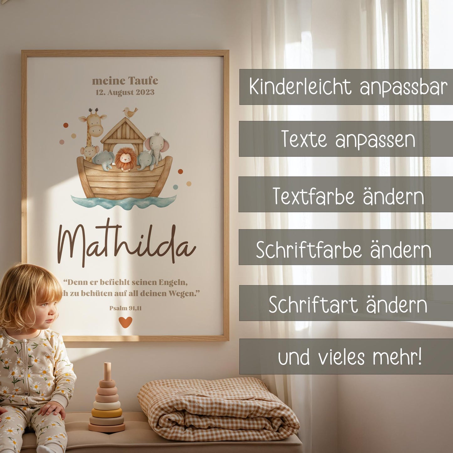 Personalisierbares Taufposter Arche Noah – Sofort-Download | Digitales Kinderzimmerbild | Format: DIN A6, A5, A3, A2, US Letter | Canva kleinebuchstaben