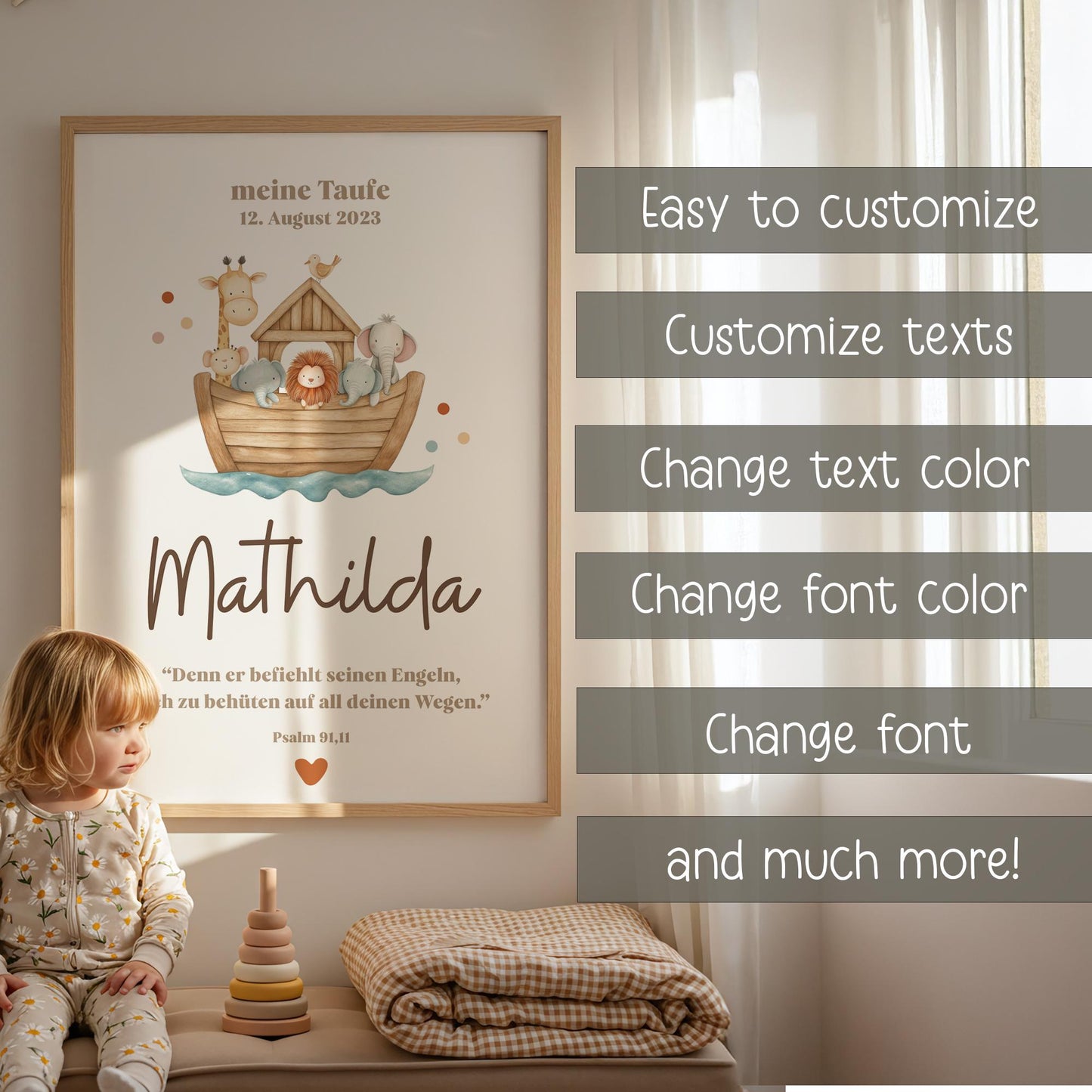 Personalisierbares Taufposter Arche Noah – Sofort-Download | Digitales Kinderzimmerbild | Format: DIN A6, A5, A3, A2, US Letter | Canva kleinebuchstaben