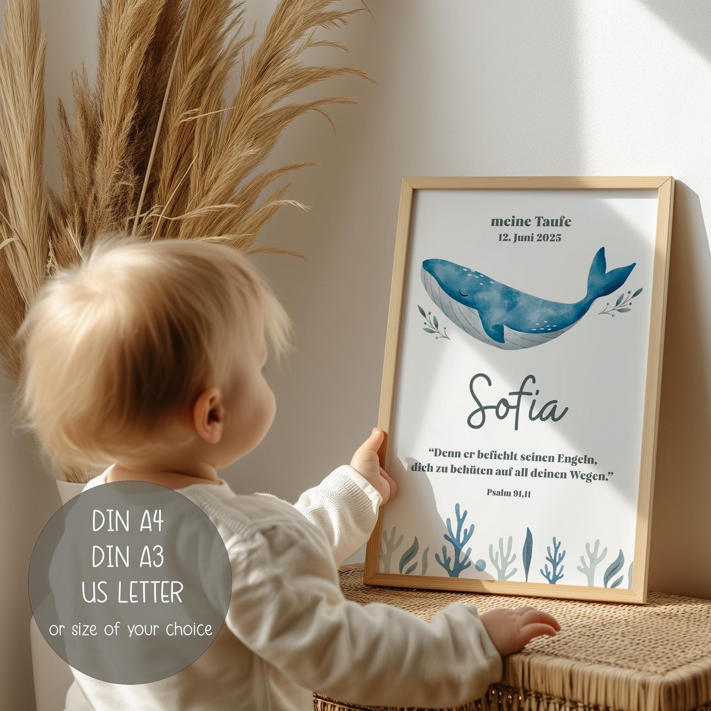 Individuell anpassbares Taufposter Wal – online bearbeiten & sofort downloaden. Perfektes Geschenk zur Taufe - DIN A6 A5 A3 A2 US Letter kleinebuchstaben