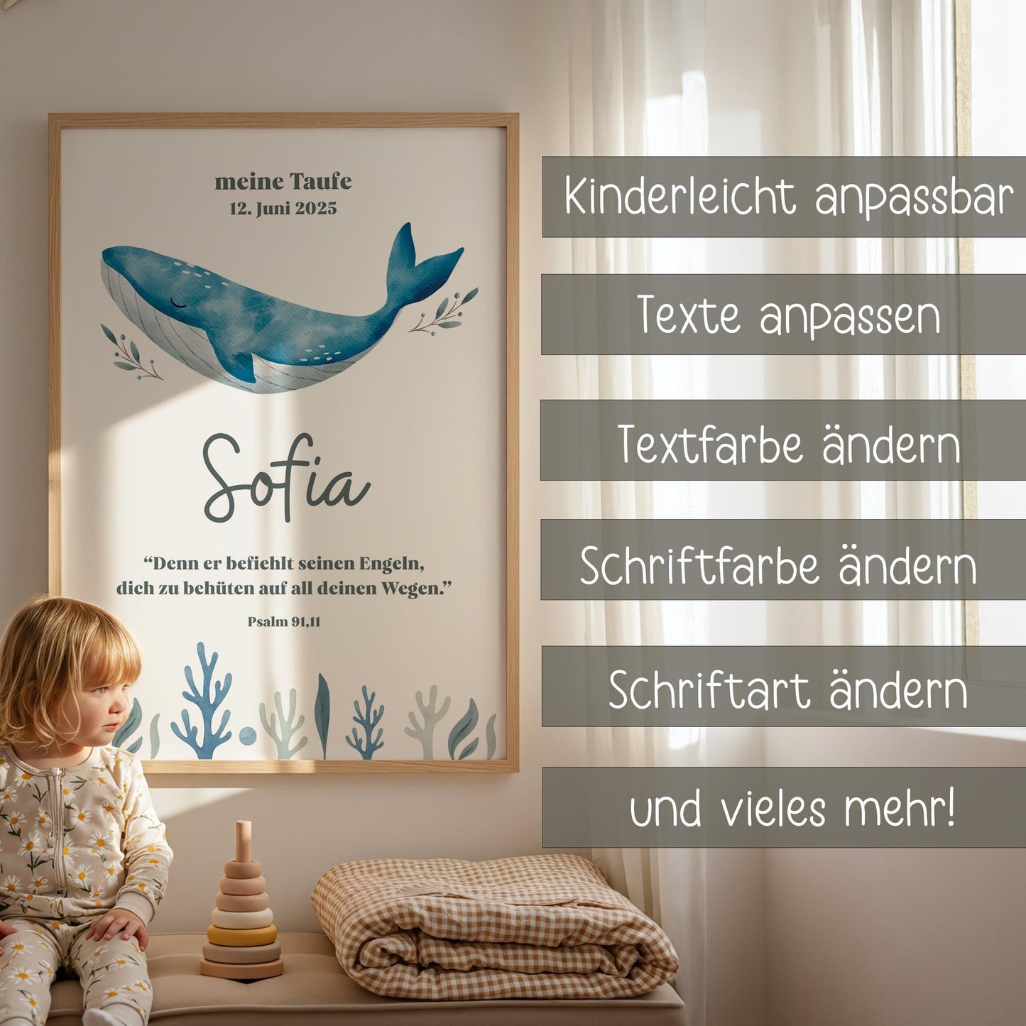 Individuell anpassbares Taufposter Wal – online bearbeiten & sofort downloaden. Perfektes Geschenk zur Taufe - DIN A6 A5 A3 A2 US Letter kleinebuchstaben