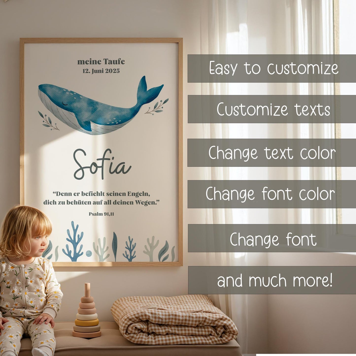 Individuell anpassbares Taufposter Wal – online bearbeiten & sofort downloaden. Perfektes Geschenk zur Taufe - DIN A6 A5 A3 A2 US Letter kleinebuchstaben