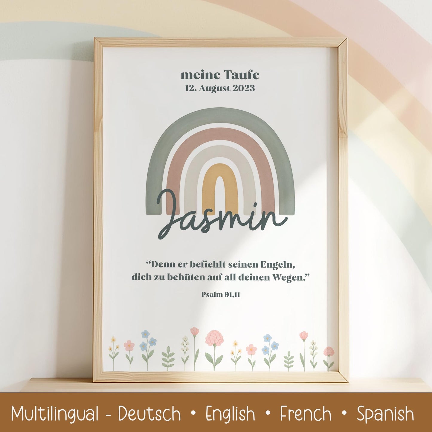 Taufposter Regenbogen – Sofort-Download | Digitales Kinderzimmerbild | Format: DIN A6, A5, A3, A2, US Letter | 30x45, 40x60, 50x75, 60x90 kleinebuchstaben