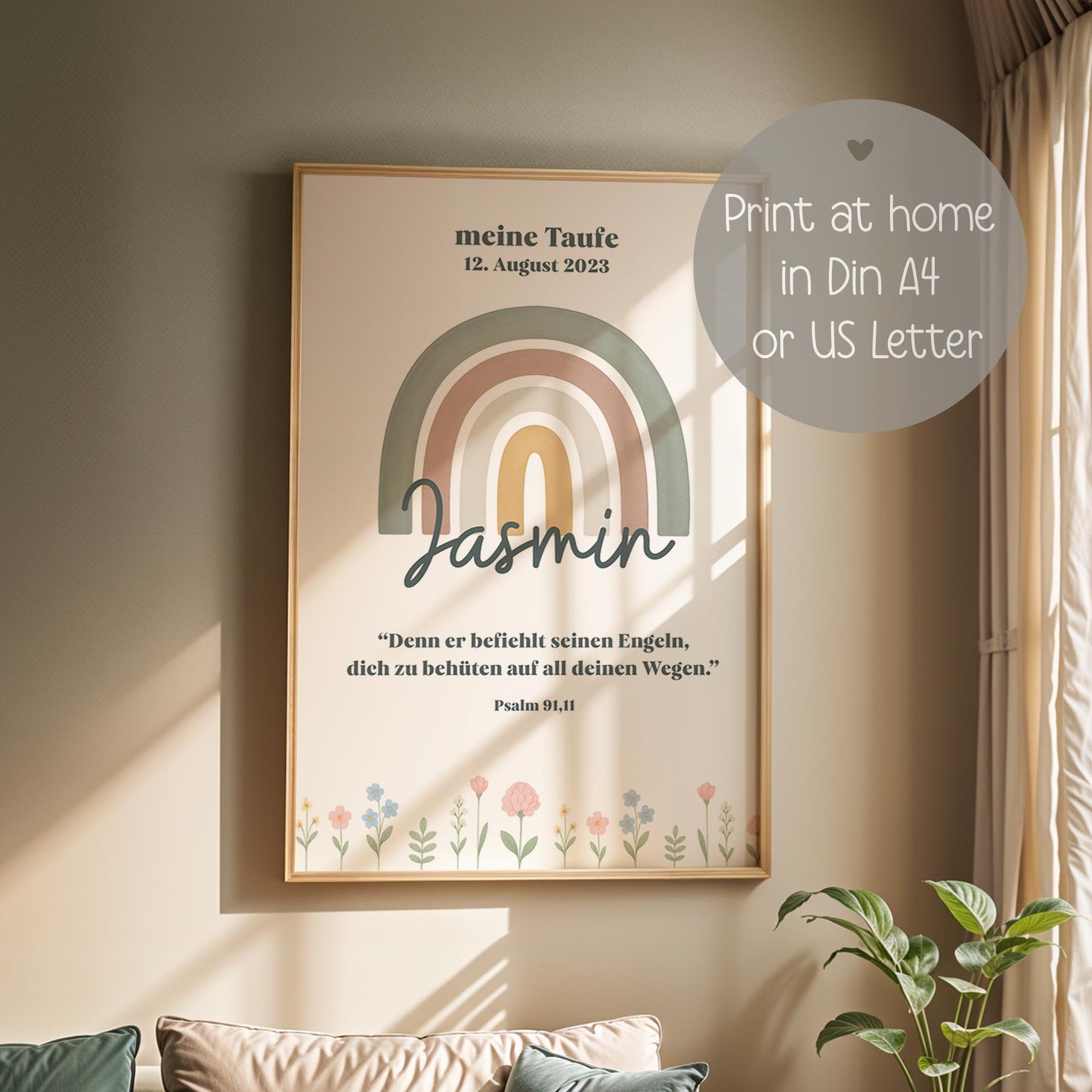 Taufposter Regenbogen – Sofort-Download | Digitales Kinderzimmerbild | Format: DIN A6, A5, A3, A2, US Letter | 30x45, 40x60, 50x75, 60x90 kleinebuchstaben