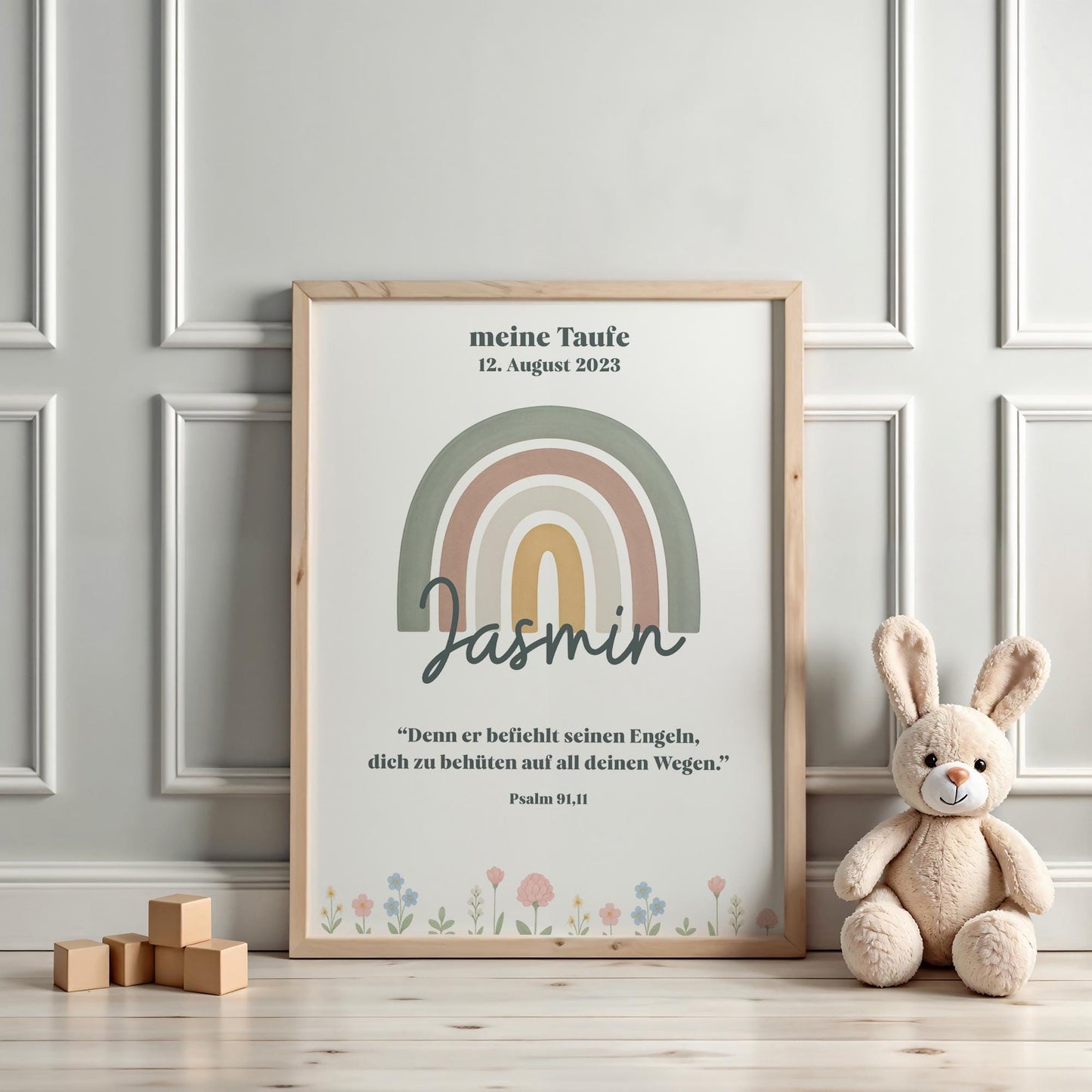 Taufposter Regenbogen – Sofort-Download | Digitales Kinderzimmerbild | Format: DIN A6, A5, A3, A2, US Letter | 30x45, 40x60, 50x75, 60x90 kleinebuchstaben
