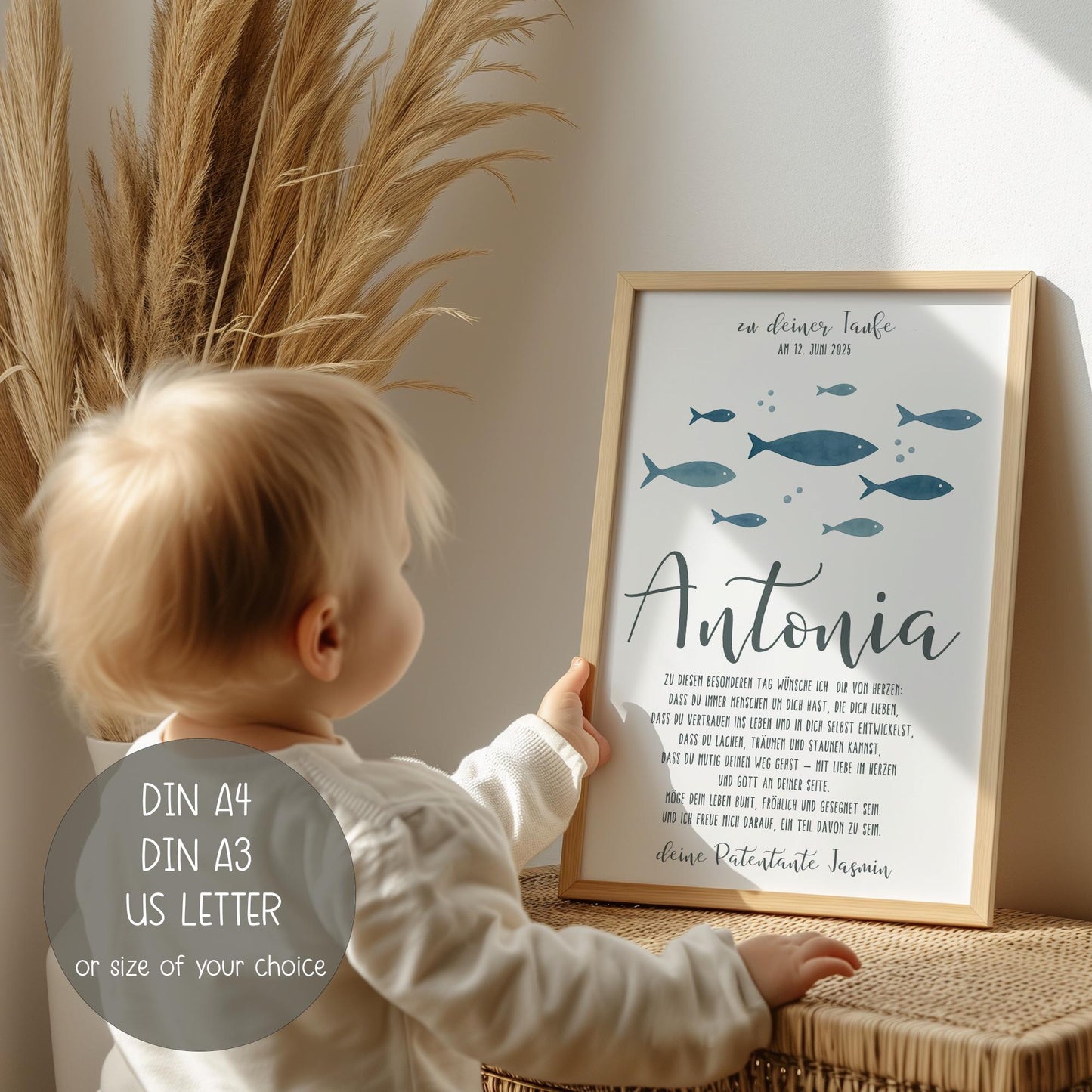 Taufposter Fische Patenbrief – Sofort-Download | Personalisiert Taufbrief | Formate: A6, A5, A3, A2, US Letter | 30x45, 40x60, 50x75, 60x90 kleinebuchstaben