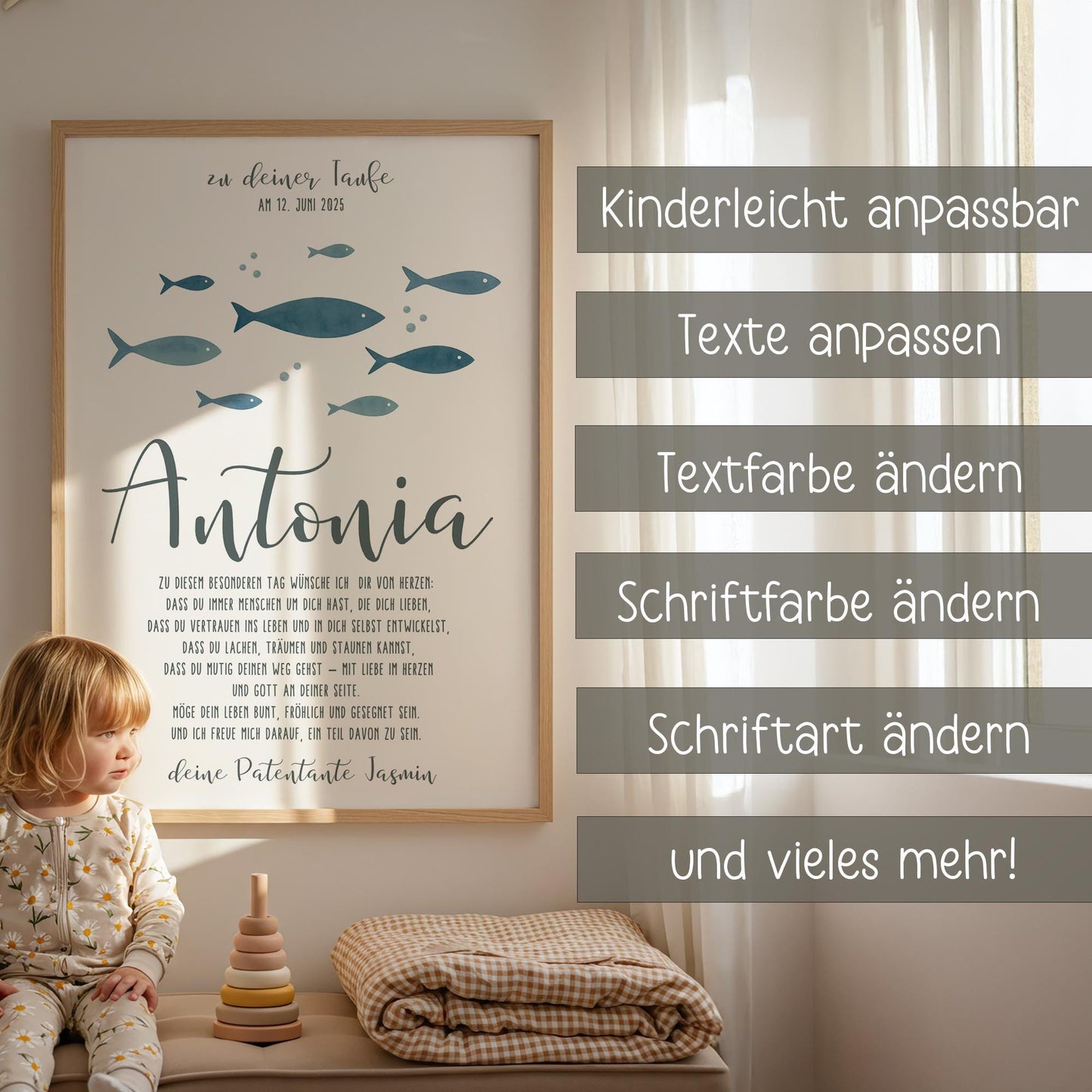 Taufposter Fische Patenbrief – Sofort-Download | Personalisiert Taufbrief | Formate: A6, A5, A3, A2, US Letter | 30x45, 40x60, 50x75, 60x90 kleinebuchstaben