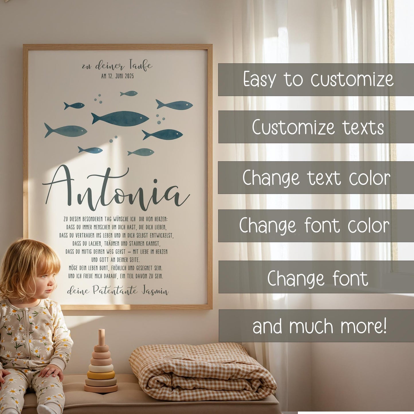 Taufposter Fische Patenbrief – Sofort-Download | Personalisiert Taufbrief | Formate: A6, A5, A3, A2, US Letter | 30x45, 40x60, 50x75, 60x90 kleinebuchstaben