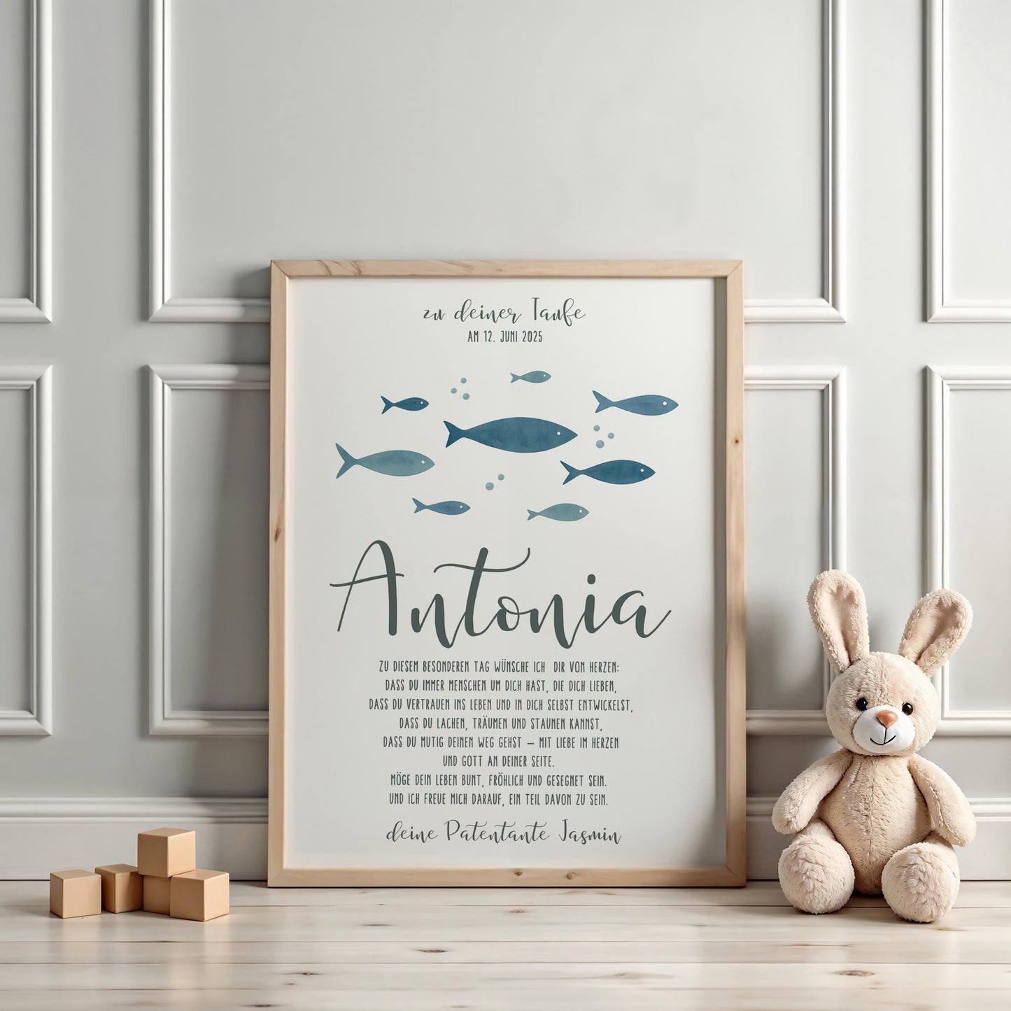 Taufposter Fische Patenbrief – Sofort-Download | Personalisiert Taufbrief | Formate: A6, A5, A3, A2, US Letter | 30x45, 40x60, 50x75, 60x90 kleinebuchstaben