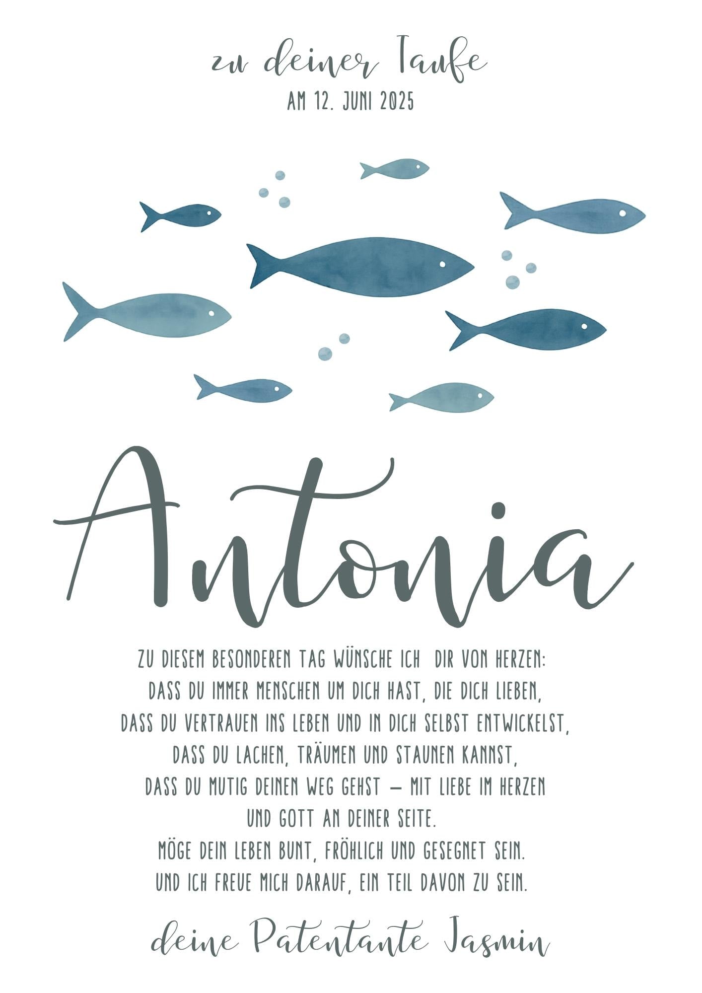 Taufposter Fische Patenbrief – Sofort-Download | Personalisiert Taufbrief | Formate: A6, A5, A3, A2, US Letter | 30x45, 40x60, 50x75, 60x90 kleinebuchstaben