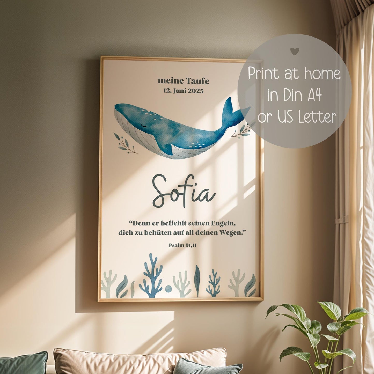 Individuell anpassbares Taufposter Wal – online bearbeiten & sofort downloaden. Perfektes Geschenk zur Taufe - DIN A6 A5 A3 A2 US Letter kleinebuchstaben
