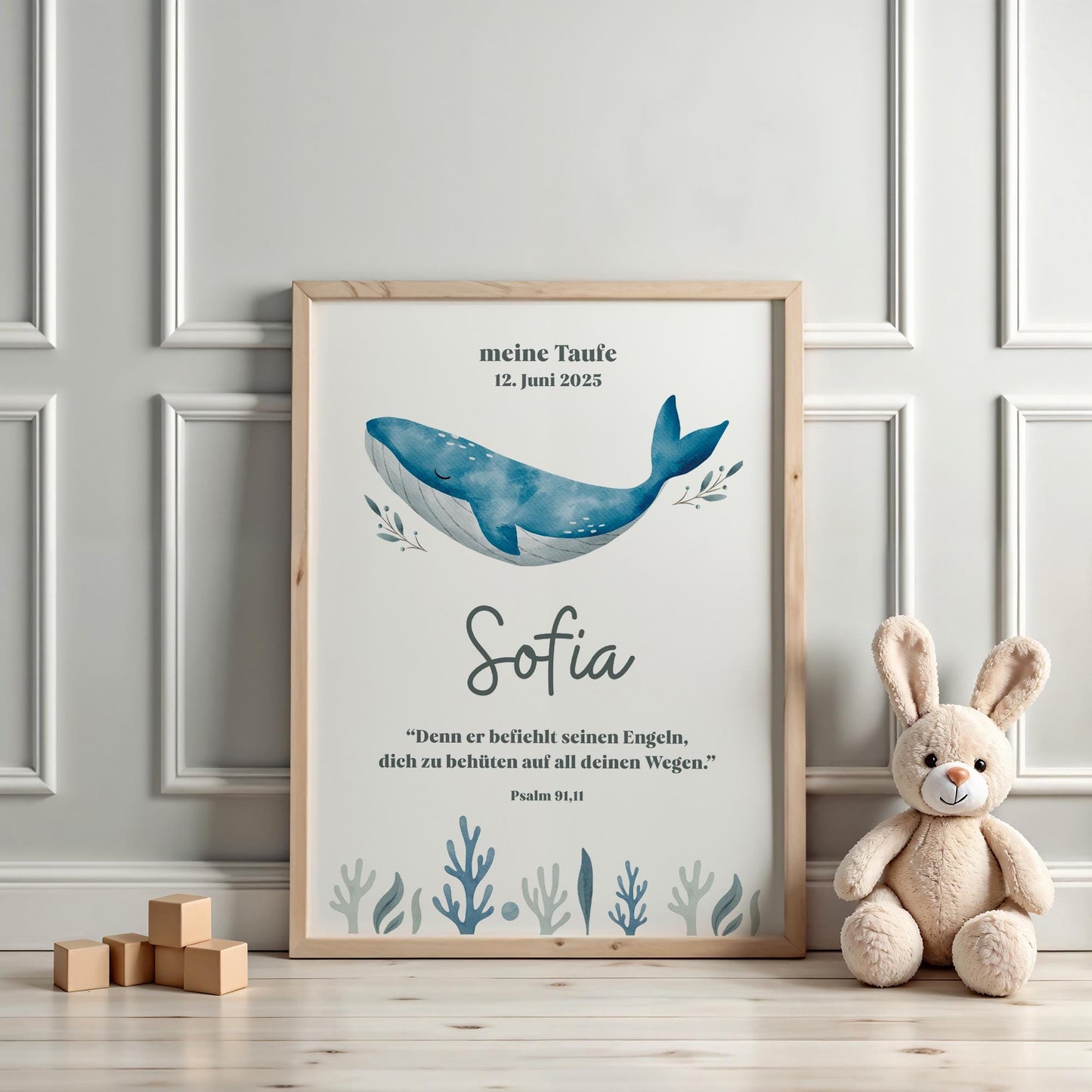 Individuell anpassbares Taufposter Wal – online bearbeiten & sofort downloaden. Perfektes Geschenk zur Taufe - DIN A6 A5 A3 A2 US Letter kleinebuchstaben